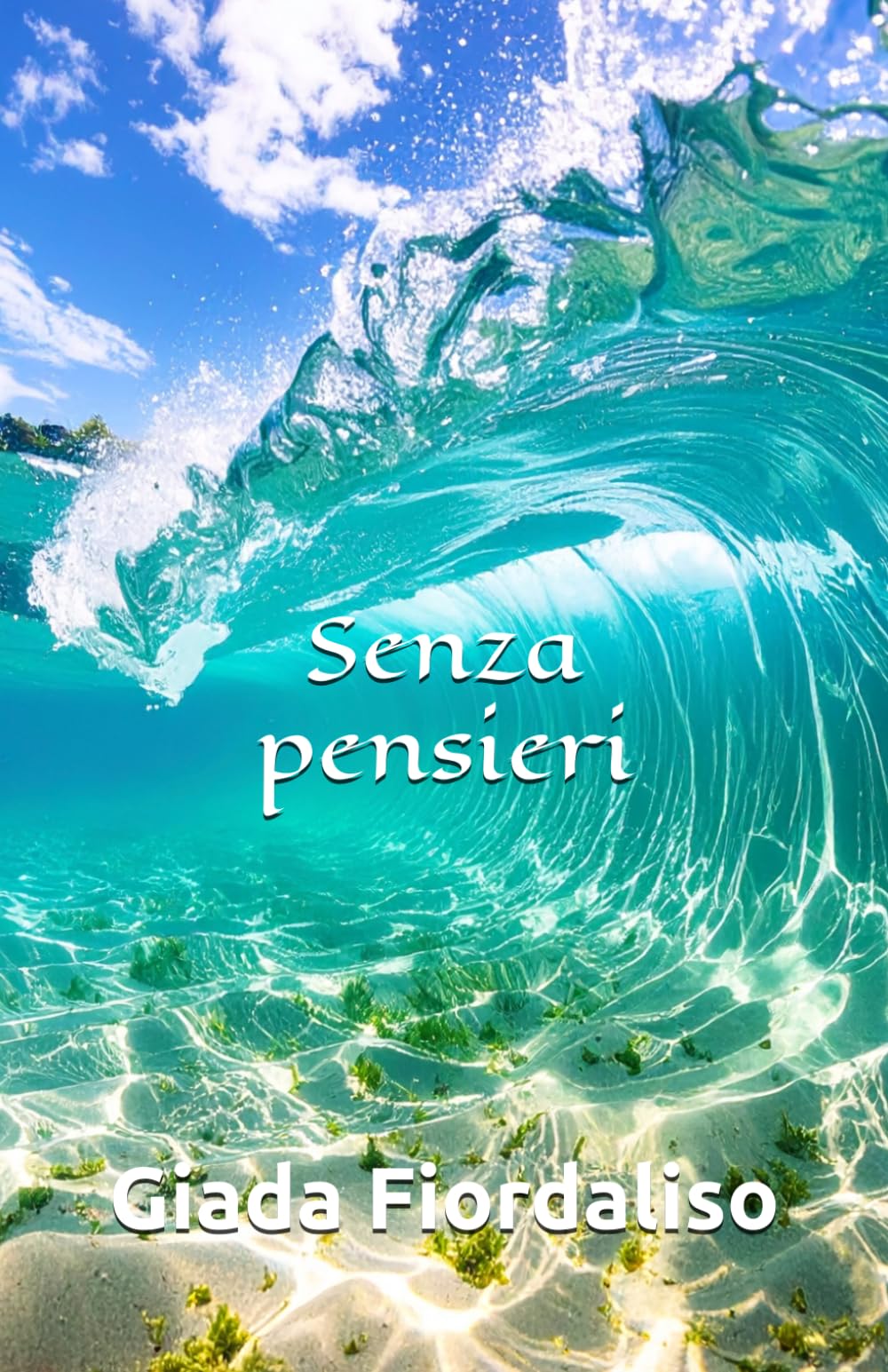 Senza pensieri-aforismario motivazionale-edizione con sfondi interni a colori raffiguranti onde marine, cover con onda del mare