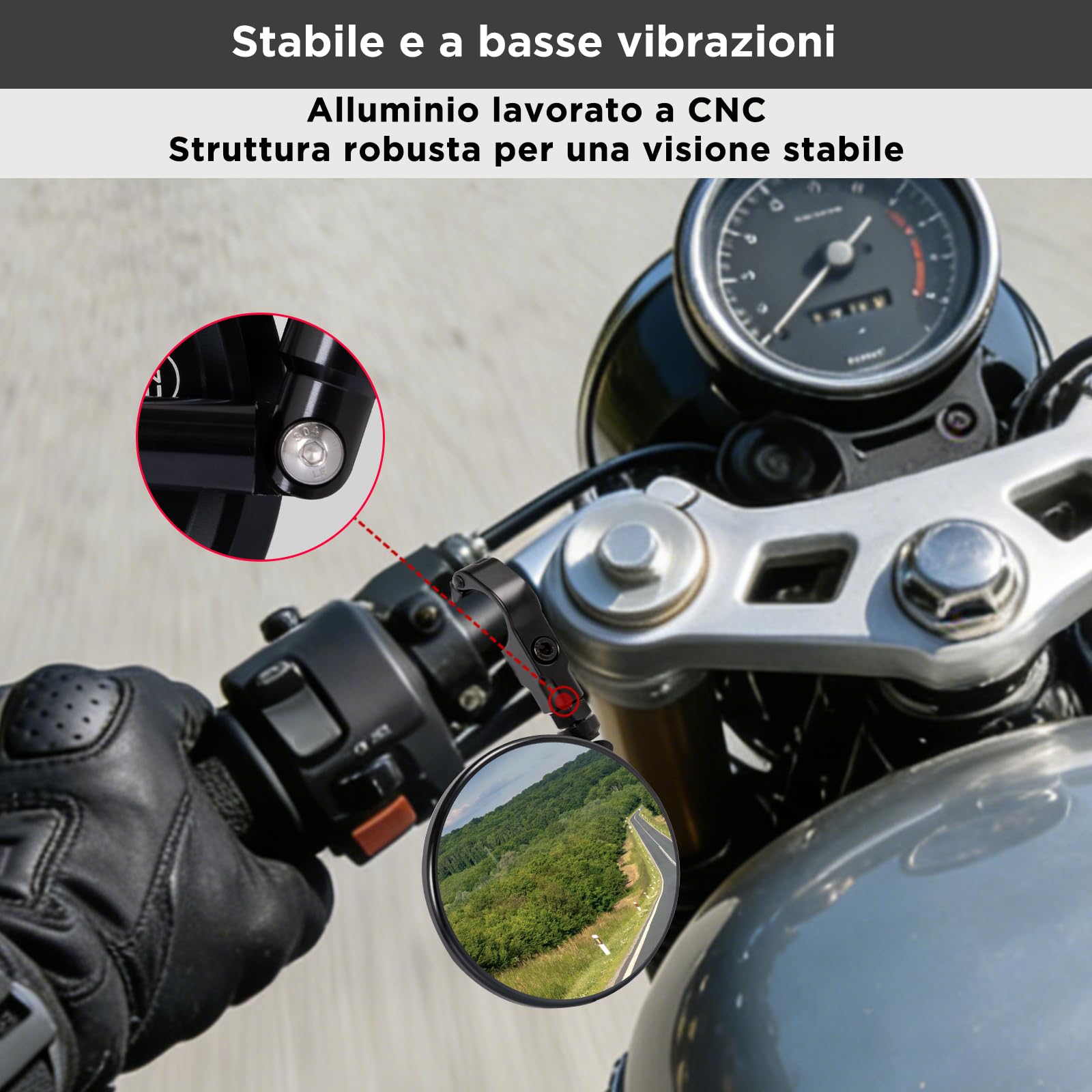 evermotor Specchietto Moto E24 Omologato Ø95 mm CNC Alluminio Regolabile 360° con Staffa a Morsetto per Manubrio 22 mm e 25,4 mm Senza Smontaggio 1 Pezzo