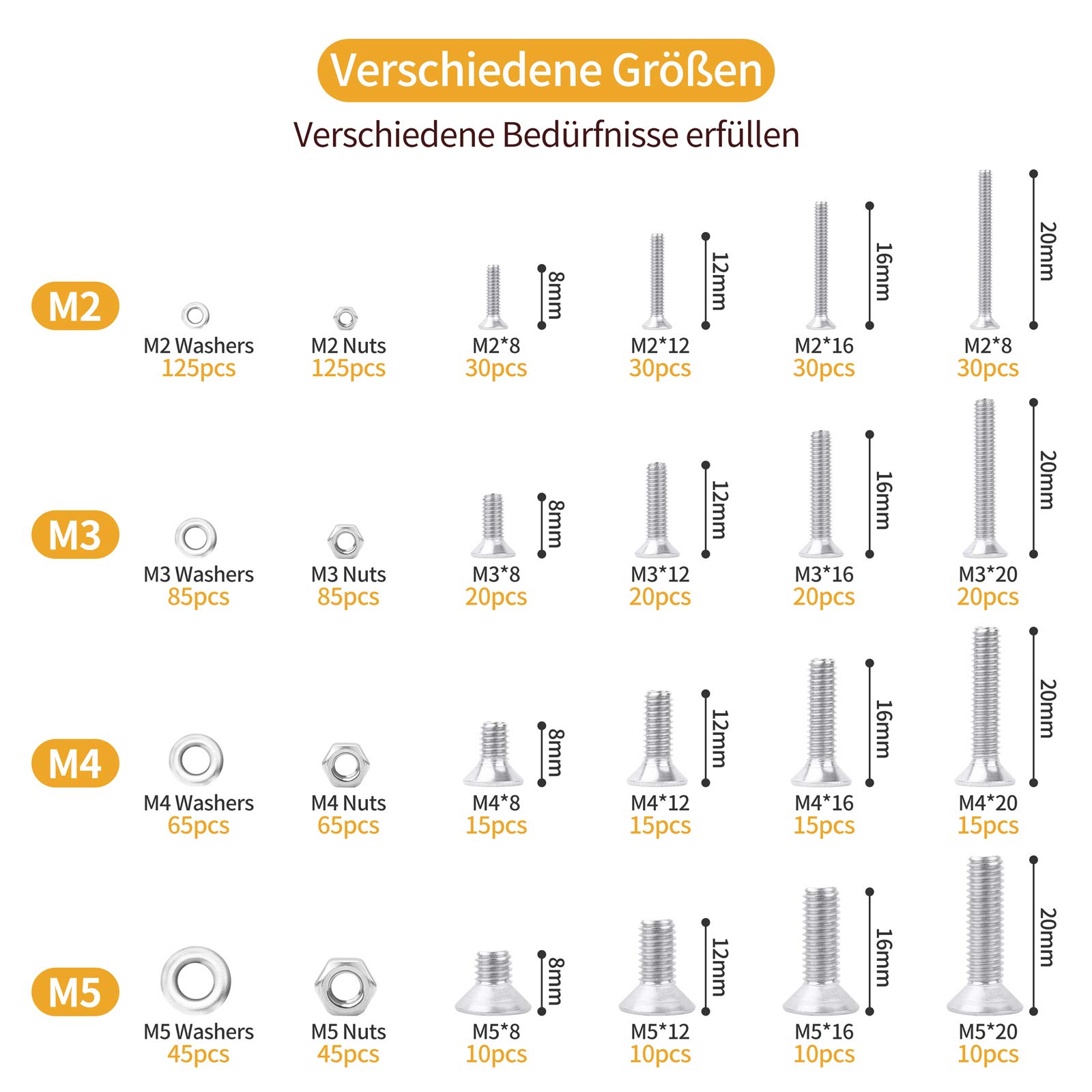 VIGRUE Zestaw śrub z łbem sześciokątnym M2, M2, M3, M4, M5, zestaw śrub gwintowanych z nakrętkami, podkładkami i kluczami imbusowymi w skrzynce asortymentowej