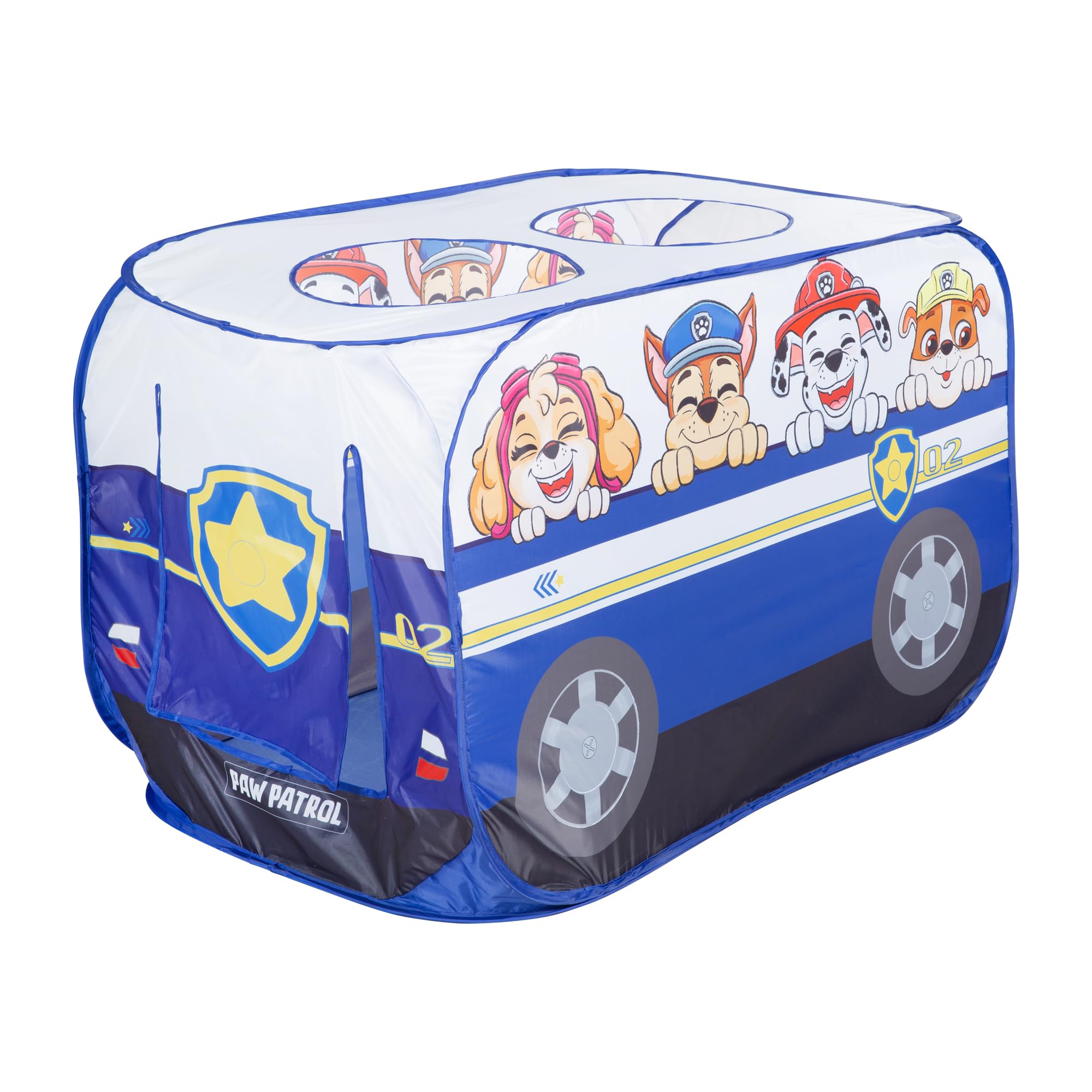 roba Paw Patrol Tienda de Juego - Carpa Infantil en Forma de Coche de Policía - Función Plegable + Bolsa de Transporte - Diseño de Perros Chase, Marshall, Rubble, Skye - Azul/Blanco