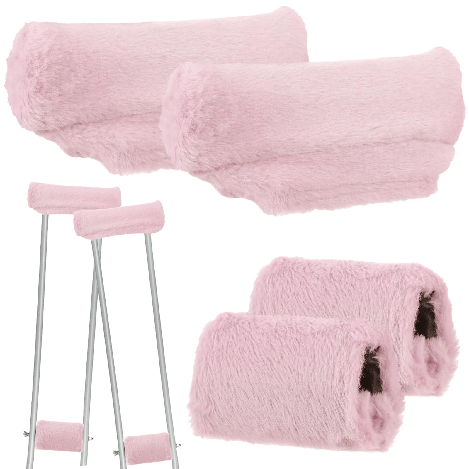Threlaco Crutches Padding Universal Crutch Pads for Armpits and Hand Grips Faux Fur Padding for Underarm Soft Fluffy Crutch Pads Underarm Crutches Covers Set Accessories for Armpits(Pink)