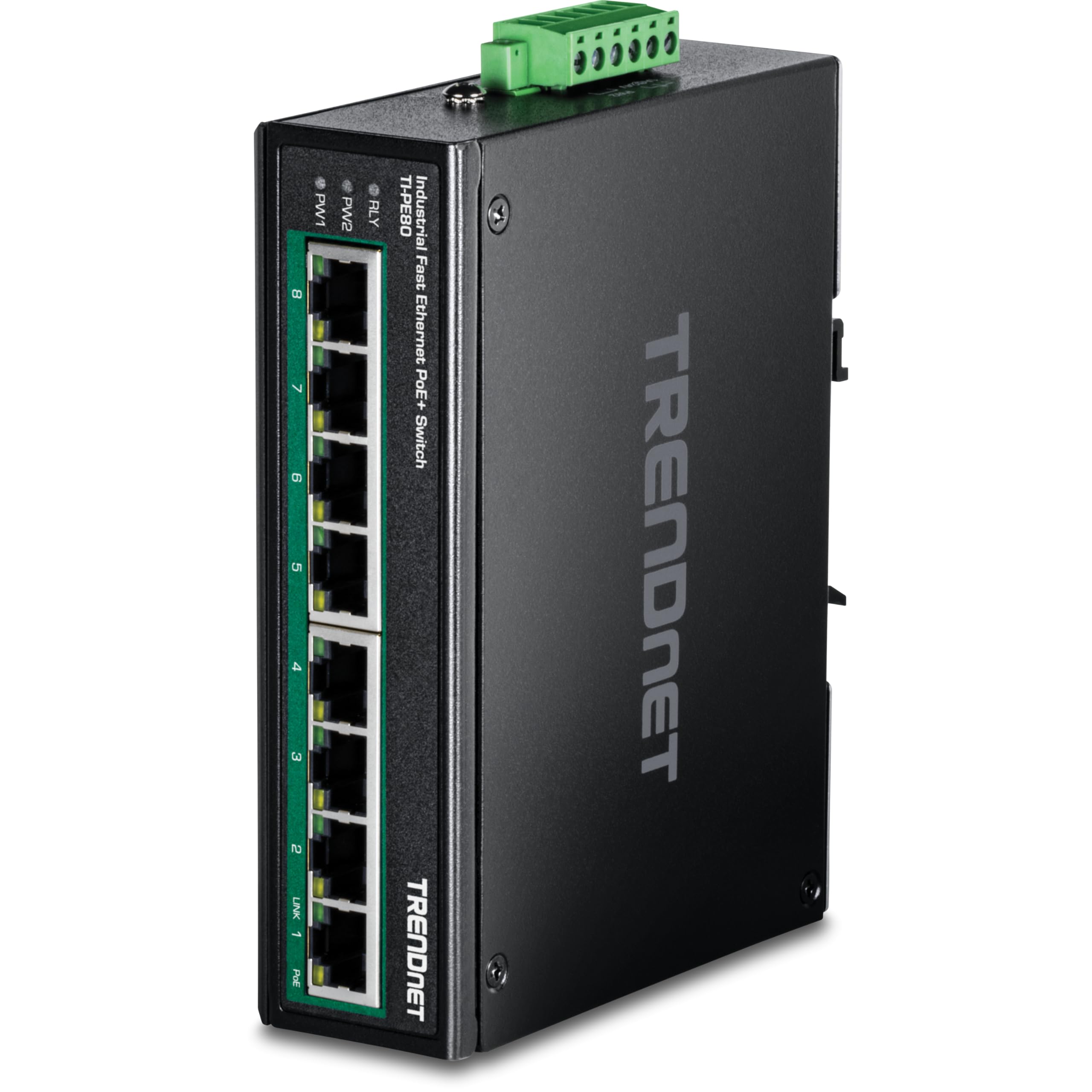 TRENDnet 8-Port Industrial Unmanaged Fast Ethernet PoE+ DIN-Rail Switch, TI-PE80, 8 x Fast Ethernet PoE+ Ports, IP50 Rated Housing, NDAA TAA Compliant