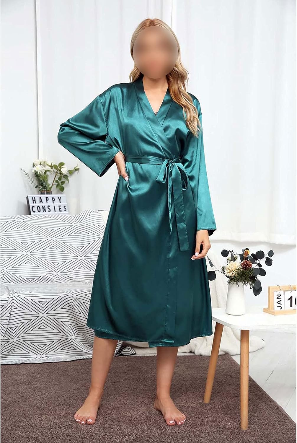 GTHTTT Women 2Pcs Pj Sets Lingerie V Neck Nightwear with Long Sleeve Robe Satin Floral Lace Trim Sleepwear Pajama Dress,Green,XLarge