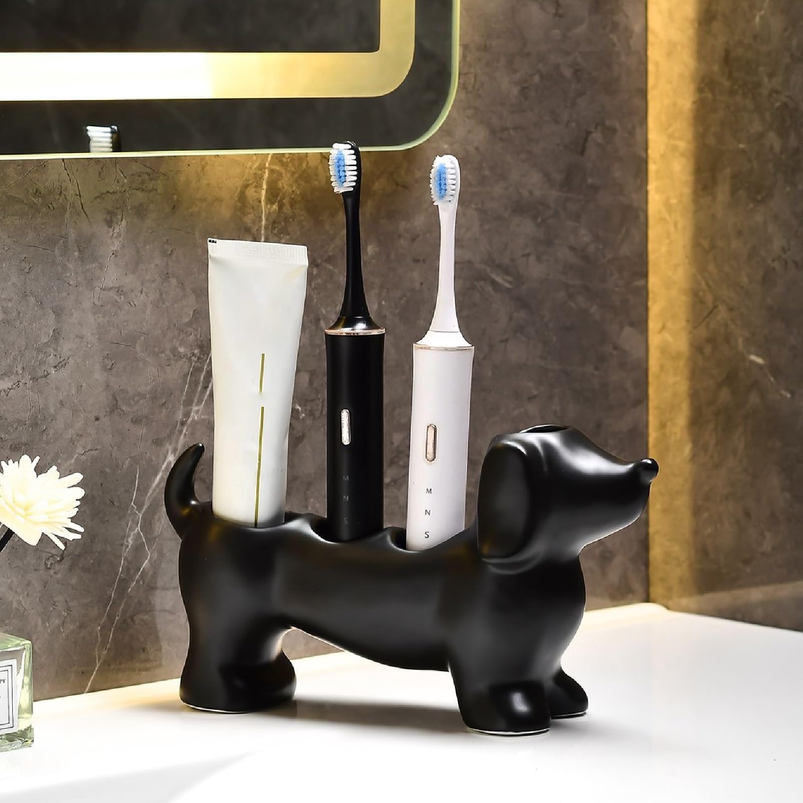 Porte-Brosse à Dents créatif en Forme de Teckel, Joli Porte-Brosse à Dents en céramique, Accessoire de Salle de Bain personnalisé, for la Maison(Black)
