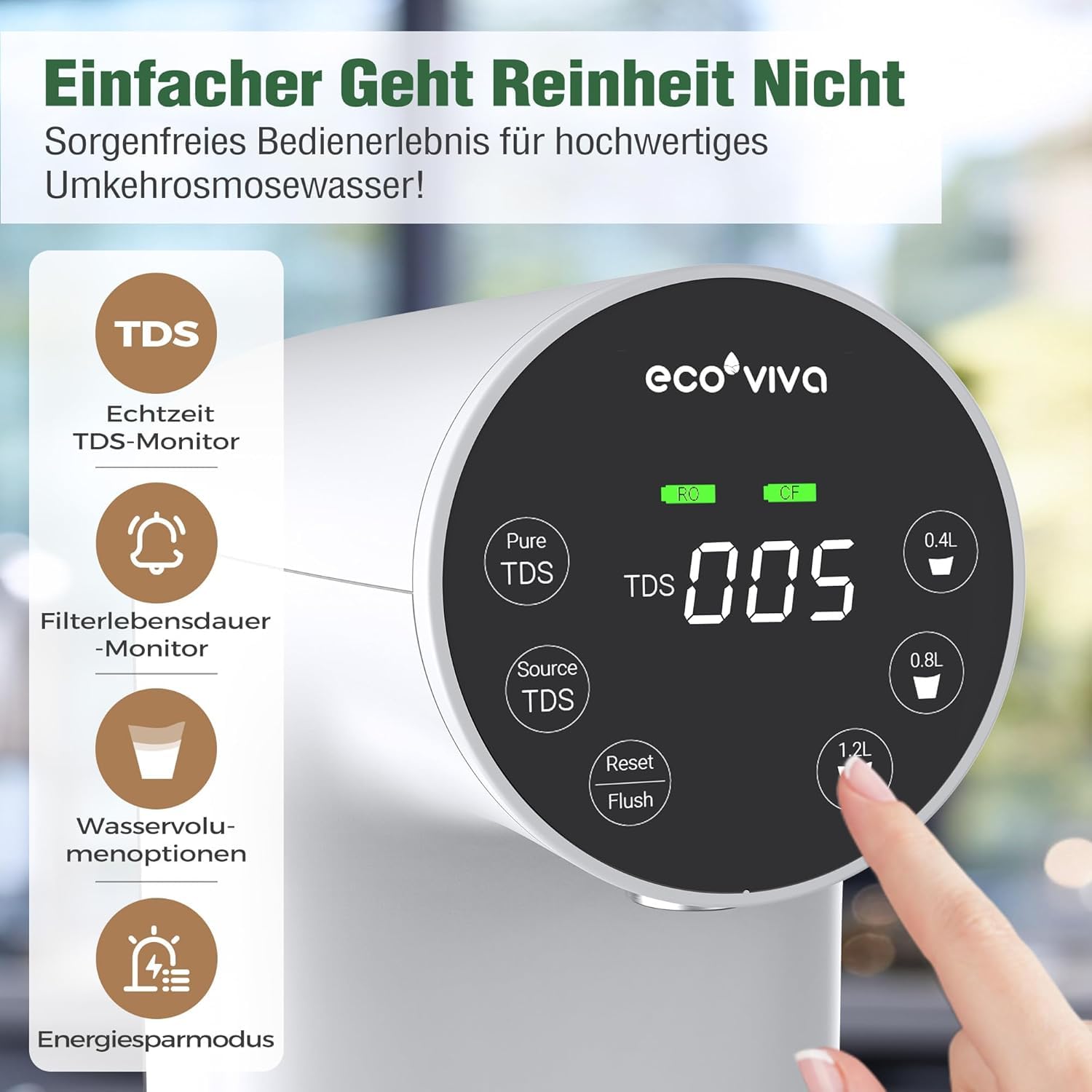 Ecoviva Auftisch Osmoseanlage 5-stufige Filtration Echtzeit-TDS-Monitor 3:1 Rein zu Abfluss WP-RO-200G Weiß