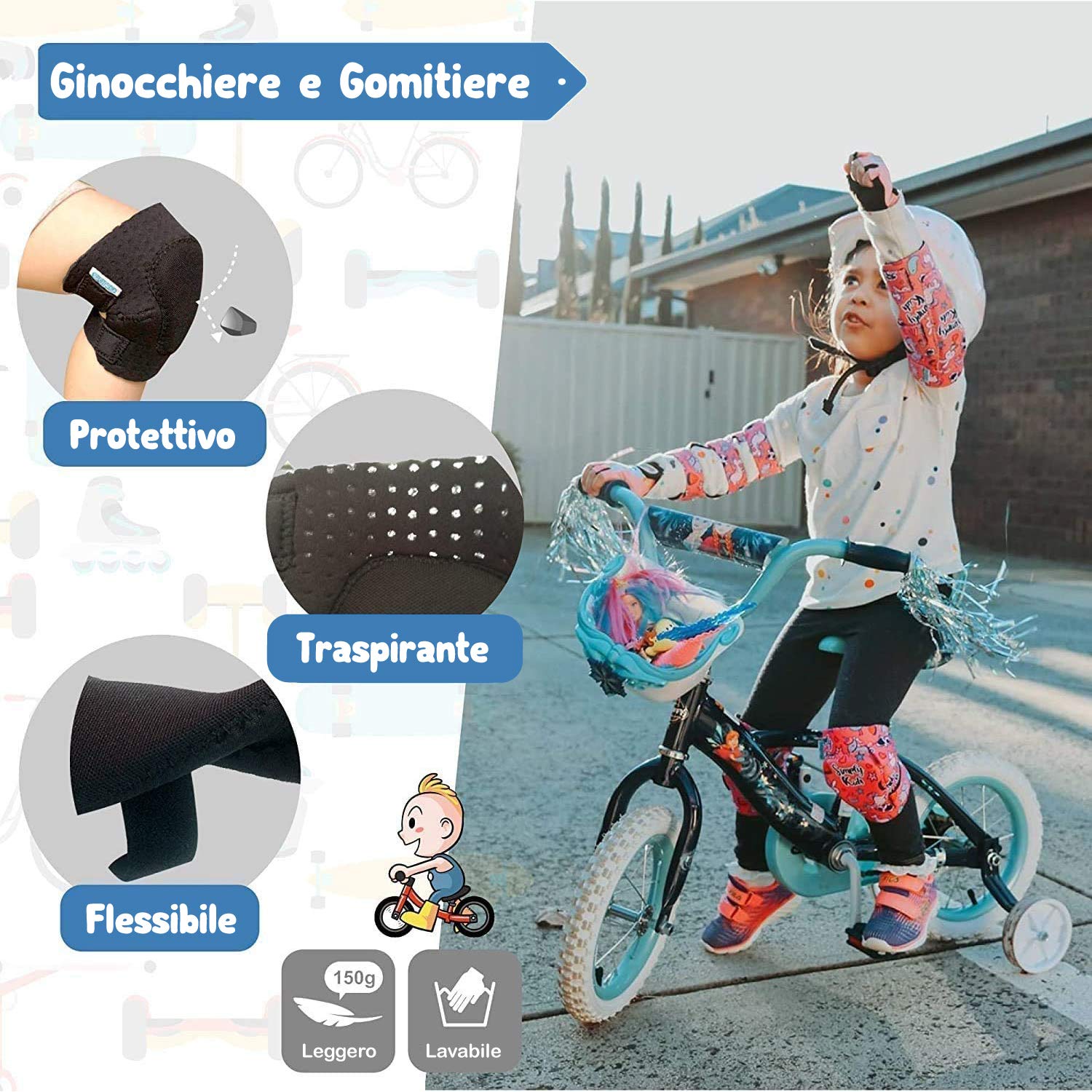 Simply Kids Gomitiere e Ginocchiere Bambini con Guanti Bicicletta I Protezioni Pattini Bambina con Borsa In Rete I Ginocchiere Pattini Bambina per Pattini