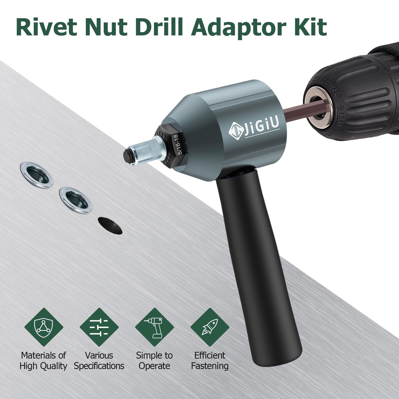 JiGiU Kit de adaptador de taladro de tuerca remache inalámbrico, adaptador de pistola de remache eléctrica con 11 mandriles y 100 tuercas, adaptador de pistola de tuercas eléctrica fácil de instalar