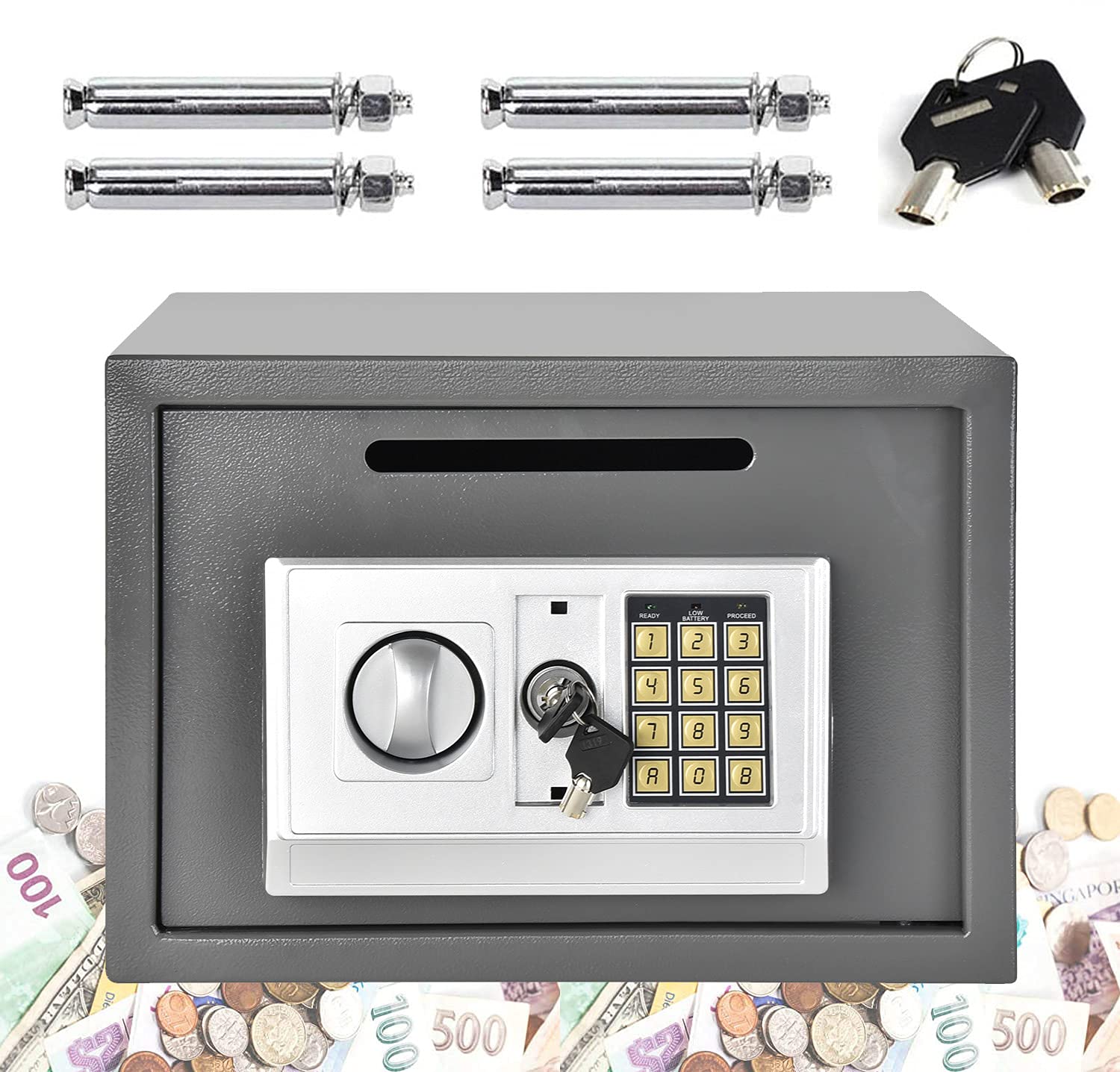 Bowose Grey 16L Safe Box With Override Key & Electronic Keypad Solid Steel With Posting Slot For Home Office Hotel Cash Jewelry Storage,