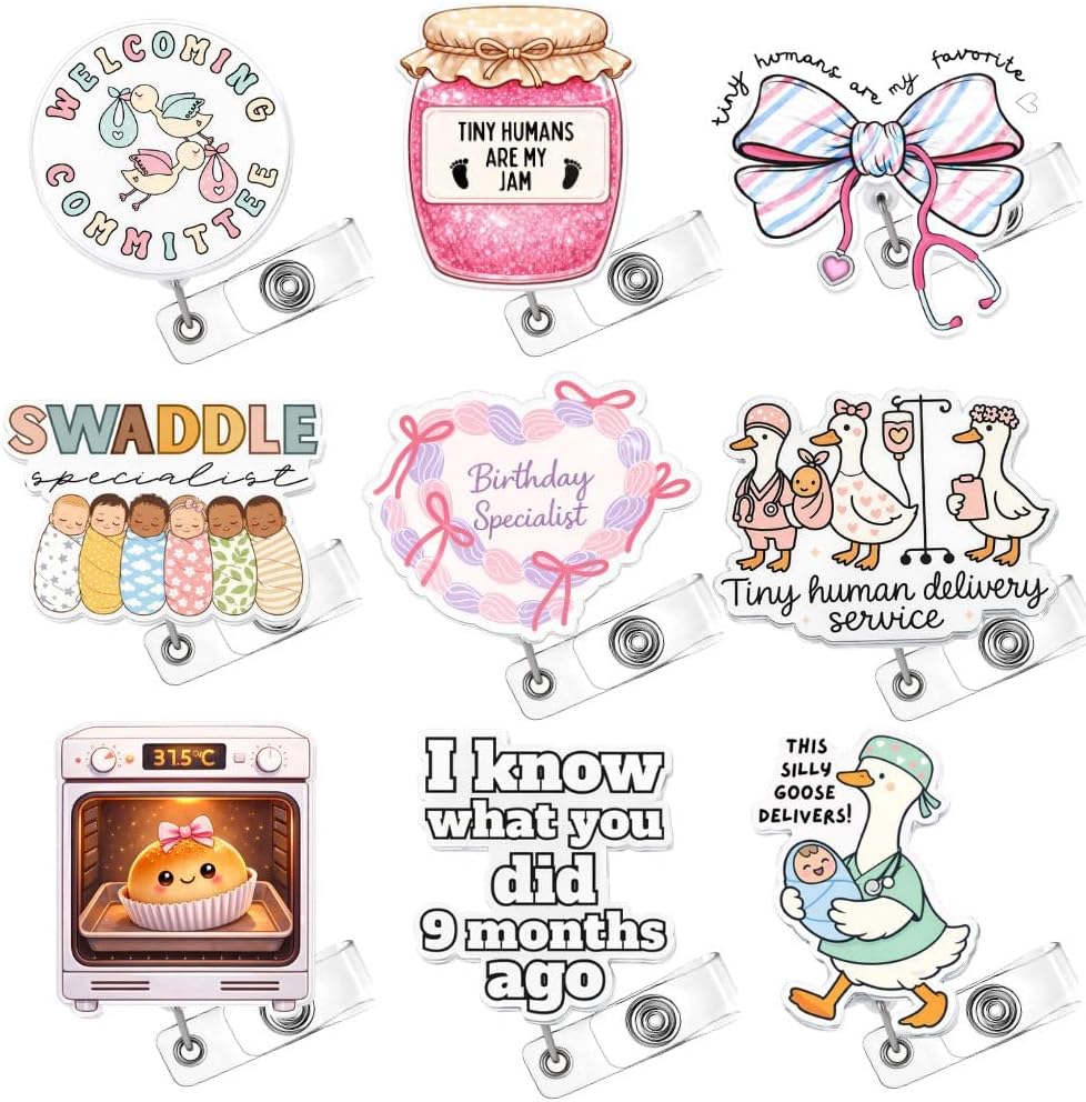 9PC Labor & Delivery Badge Reel Cute Silly Goose Humorous Medical ID Name Holder with Retractable Clip Gifts for Birthday Swaddle Specialist NICU OB OBGYN Midwives Nursery Staff Neonatal Nurses L&D