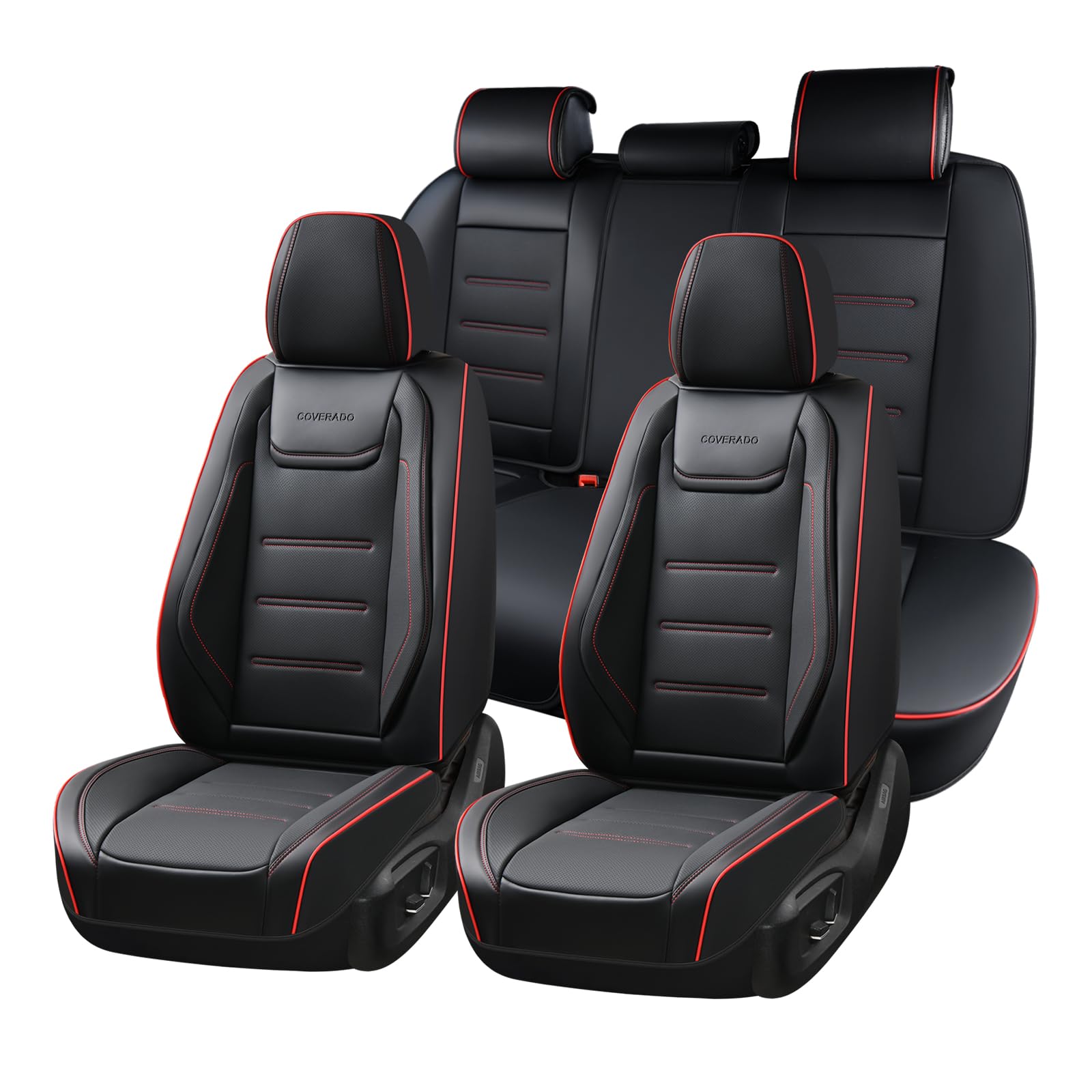 Coverado Car Seat Covers Full Set, Seat Covers for Cars, Car Seat Protector Waterproof, Leather Cushion, Universal Car Interior Covers Seat Protectors for Most Cars Black-Redline