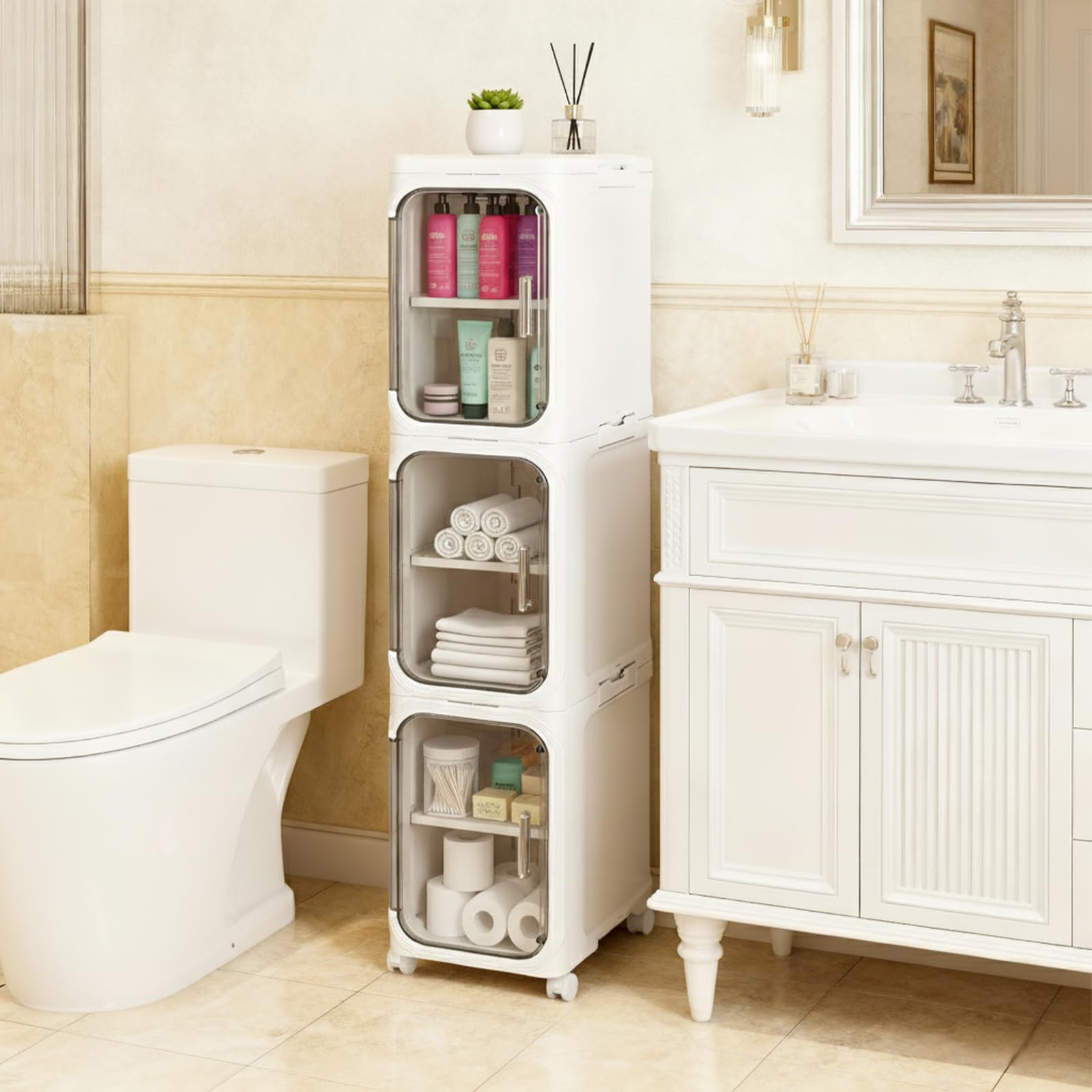 Armadietto portaoggetti da bagno sottile con ruote, mobile pieghevole e stretto, per piccoli spazi, lavanderia e cucina, bianco (bianco, 3 ripiani)