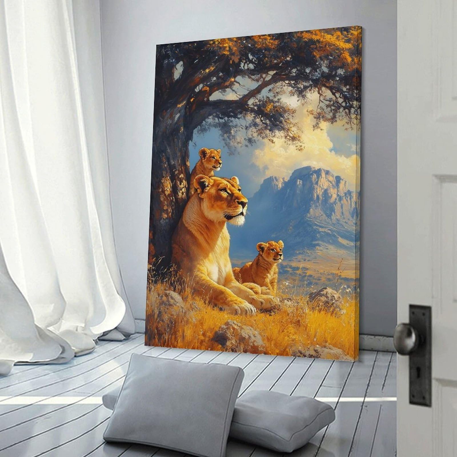 Junmoney Frame-Style-14 Lioness And Cubs Under A Tree Canvas Wall Picture, 24X36inch(60X90cm), For Study, Office Or Focused Interiors, Home Office Artwork With Decorative Appeal