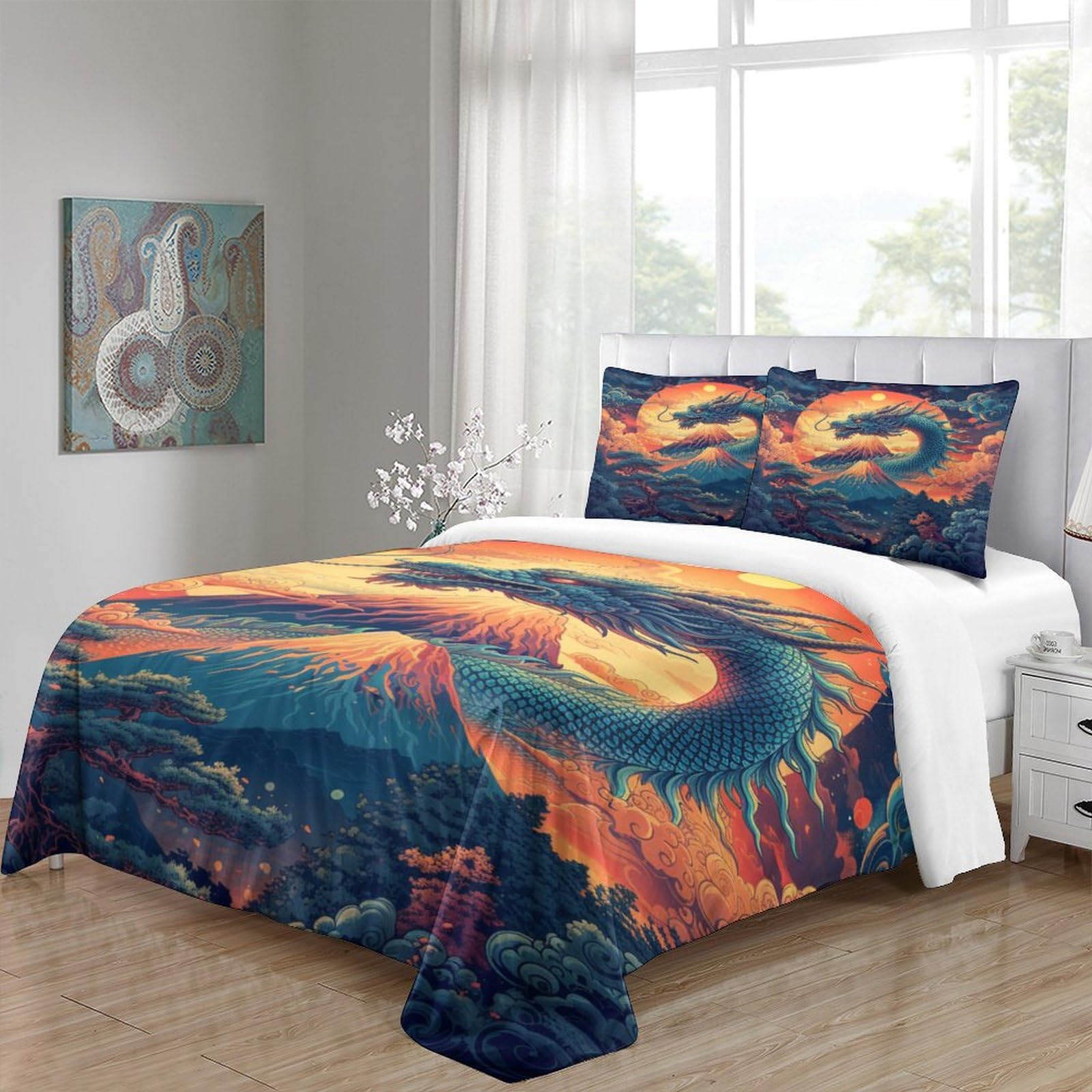 Stampato in 3D Loong cinese Copertina Stampata Microfibra Disegnata Biancheria Da Letto Stile Morbido Set 3 Pezzi,Double（200x200cm）, Per Adolescenti E Adulti