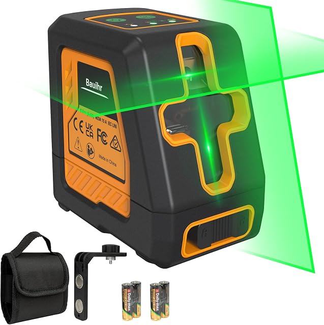 Laser Level, Bauihr 30M Green Beam Cross Lazer Level with Manual/Self Leveling Mode, Switchable Horizontal/Vertical Lines Laser Level with 360° Flexible Magnetic Base, Bag and 4x AA Batteries Included