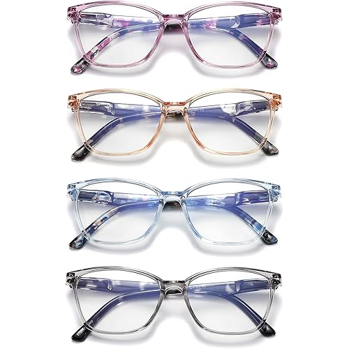 4 Pack Reading Glasses Blue Light Blocking for Women Men,Fashion Square Computer Readers with Spring Hinge,Anti Eyestrain Eyeglasses(1.75x)