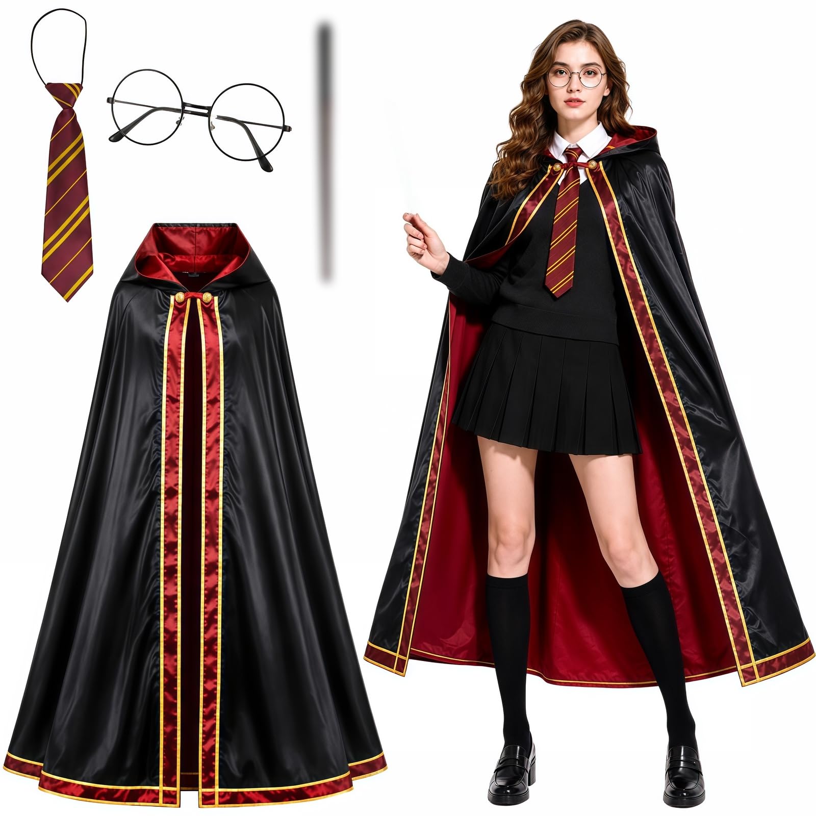 Buyzzus Wizard Cloak Costume Adult Wizard Fancy Dress Costume 4Pcs with Cloak Glasses Wand Tie, Wizard Magician Women Men Cape Outfit for Halloween Cosplay Party Outfit