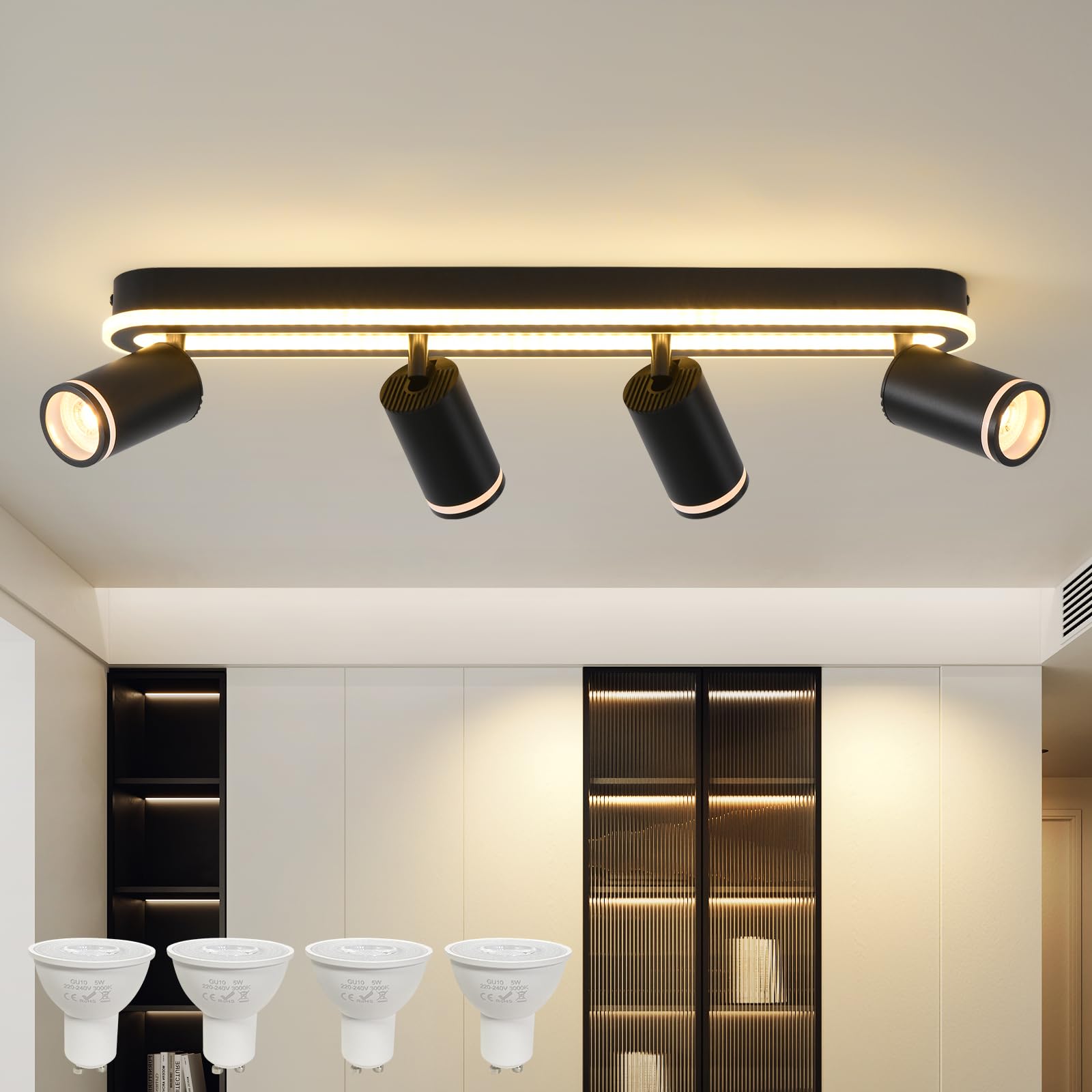 MYCUL Lampara tech 4 llamas orientable 350°,Foco de techo con resplandor inferior 36W+4x5W focos GU10,3000K blanco cálido focos led interior,Lámpara de techo moderna,Foco para cocina,Salón Negro