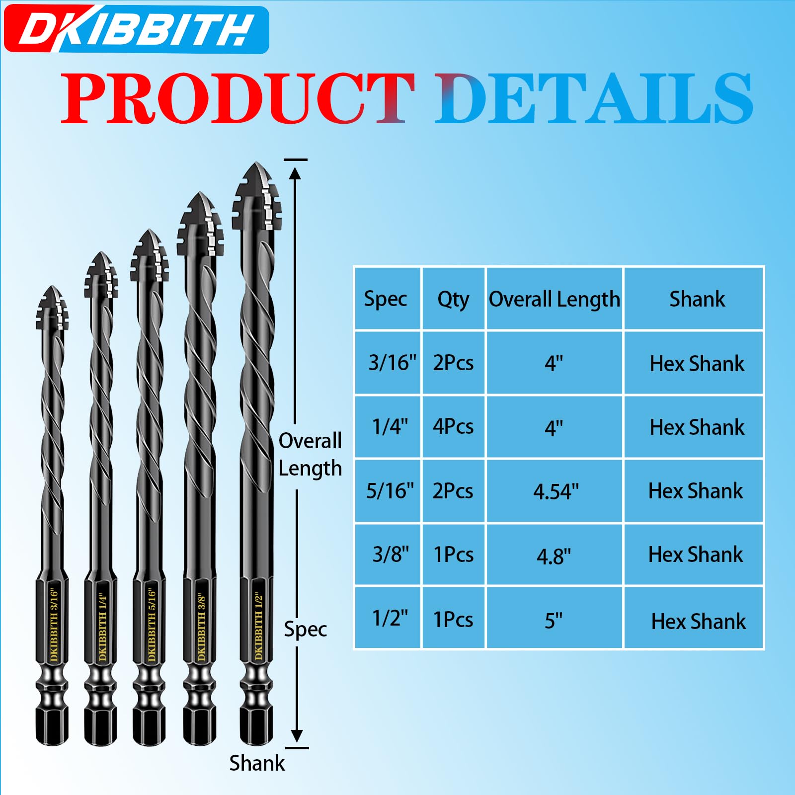 DKIBBITH Set di punte seghettate per muratura a 4 scanalature (10 pezzi, nero), da 3/16" a 1/2" per cemento, piastrelle, mattoni, vetro, ceramica