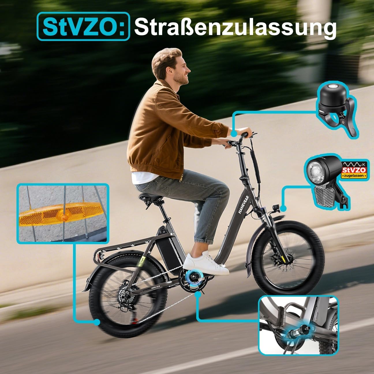 HANEVEAR H6-Light E Bike Klapprad, Elektrofahrräder mit Drehmomentsensor | 48V 14,5Ah Akku bis zu 120km+ | 55N.m 250W-Motor | 3.0'' Fat E-Bike, Off-Road Pedelec EBike Herren Damen