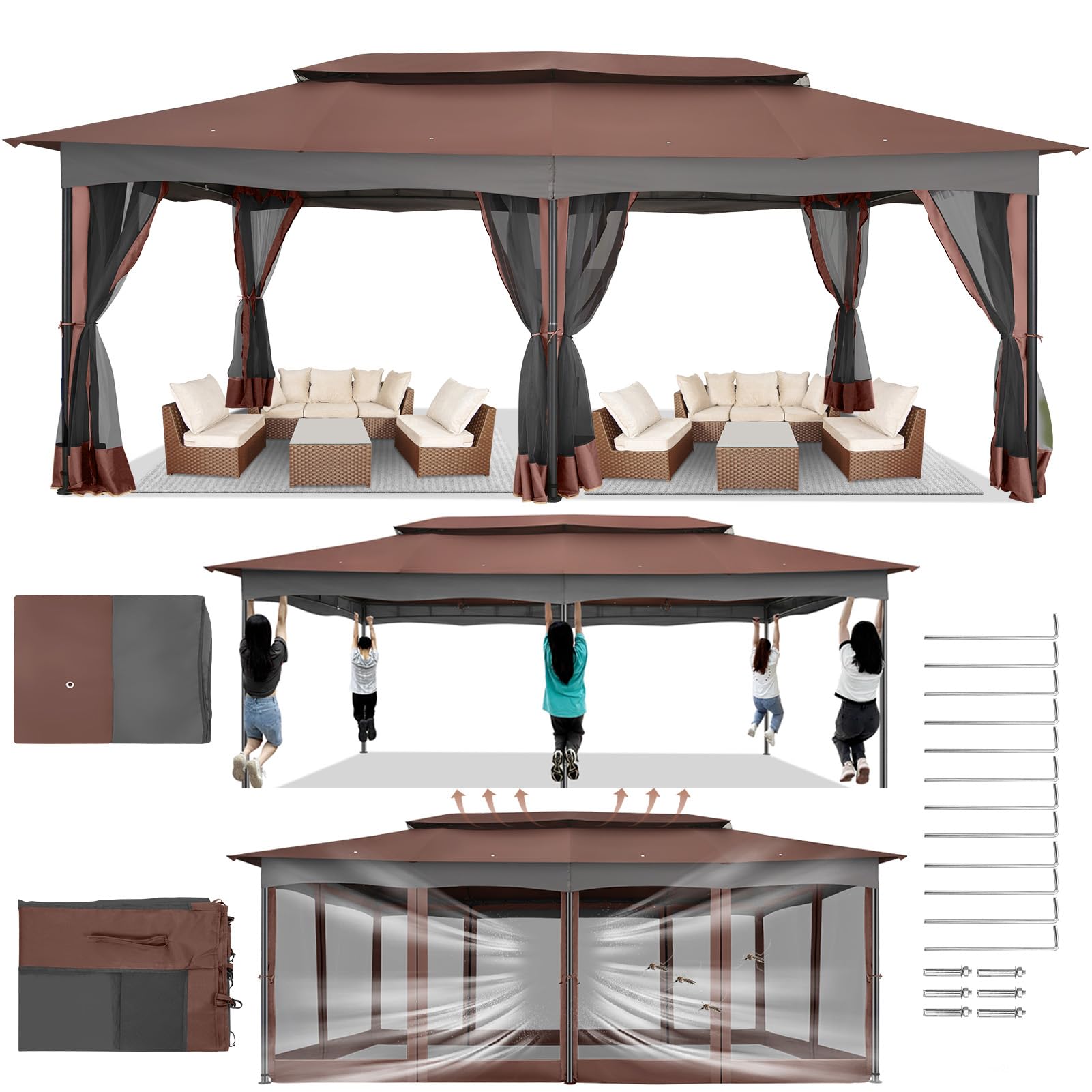 COBIZI Gazebo 12x20 Heavy Duty Gazebo with Curtain and Netting Outdoor Gazebo Double Roof Patio Gazebo with Metal Steel Frame Gazebo Tent for Patio, Deck, Backyard (Brown, Flat Top, Nettings)