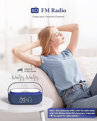 Vista 42 de Altavoz Bluetooth con cargador inalámbrico, radio FM, luz nocturna LED regulable, sonido estéreo, altavoces inalámbricos duales, altavoz portátil