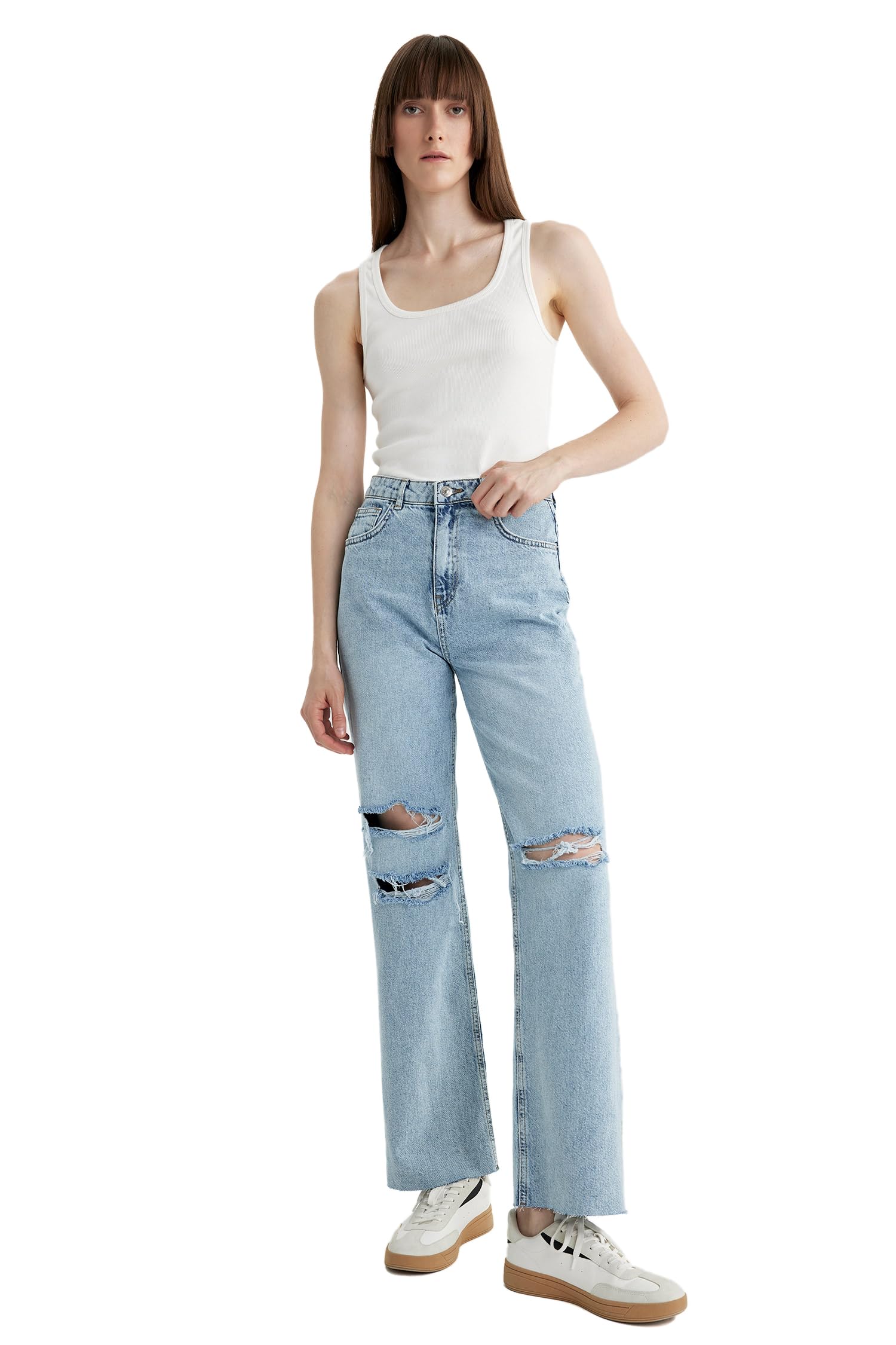 Kadın 90's Wide Leg Yırtık Detaylı Jean Uzun %100 Pamuk Pantolon