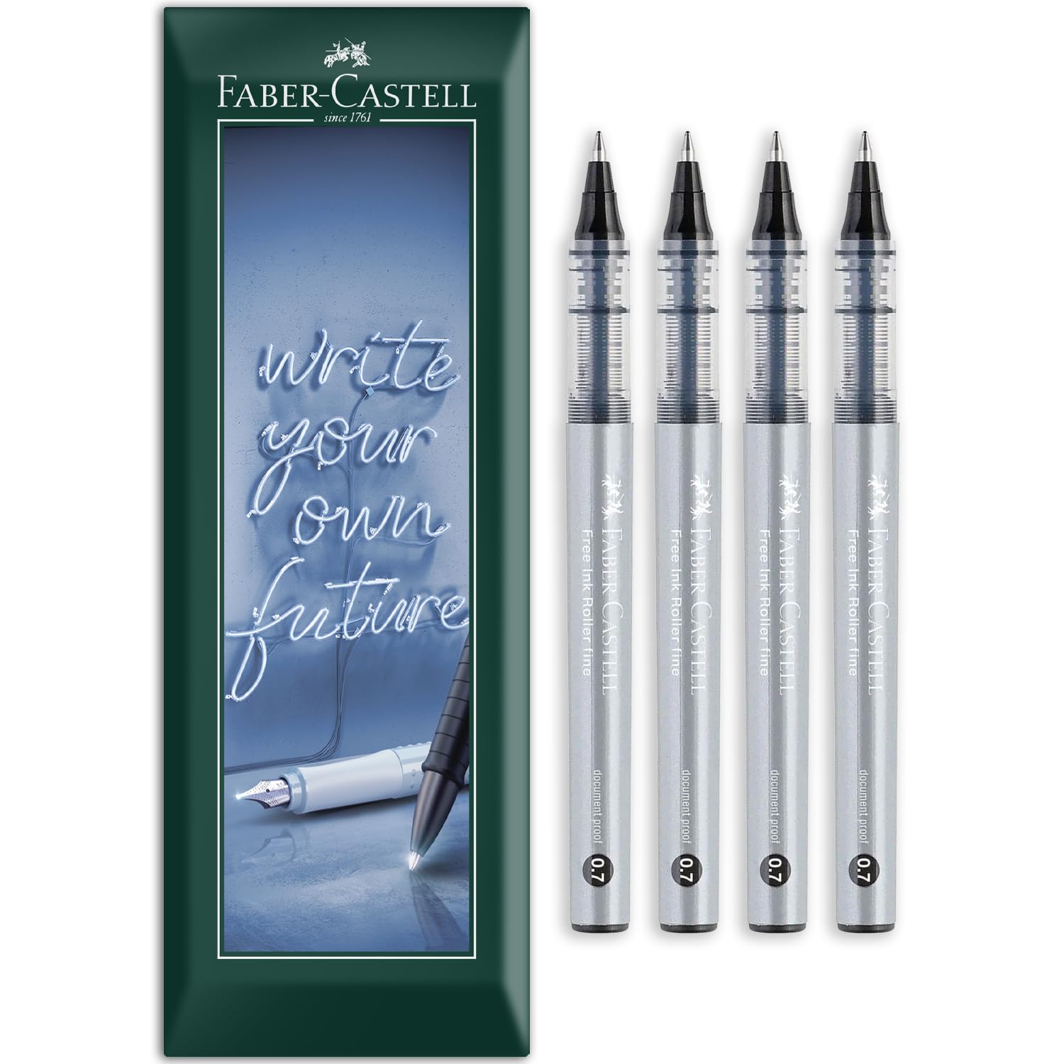 Faber-Castell Free Ink Roller Pen - 0.7mm Nib - Envelope Gift Pack of Rollerball Pens - Stationery for Office, Work, Home etc - Pack of 4 (Black) — image 1