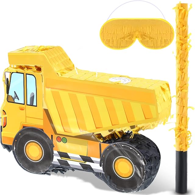 Construction Dump Truck Pinata Bundle Construction Pinata with Blindfold and Bat Construction Theme Party Supplies Tractor Excavator Pinatas for Boys Kids Construction Birthday Party Decorations
