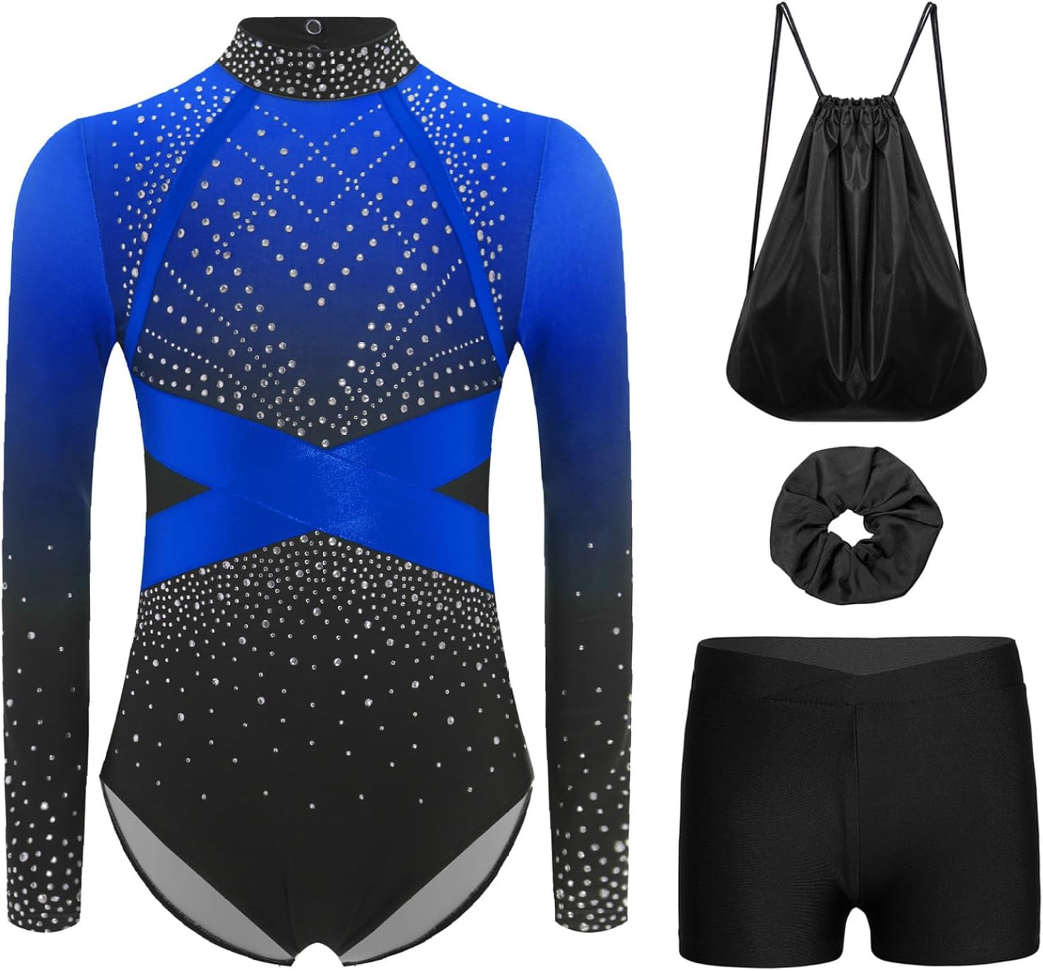 Gymnastics Leotard for Girls Sparkle Rhinestone Dance Unitard with Tumbling Shorts and Storage Bag Scrunchie