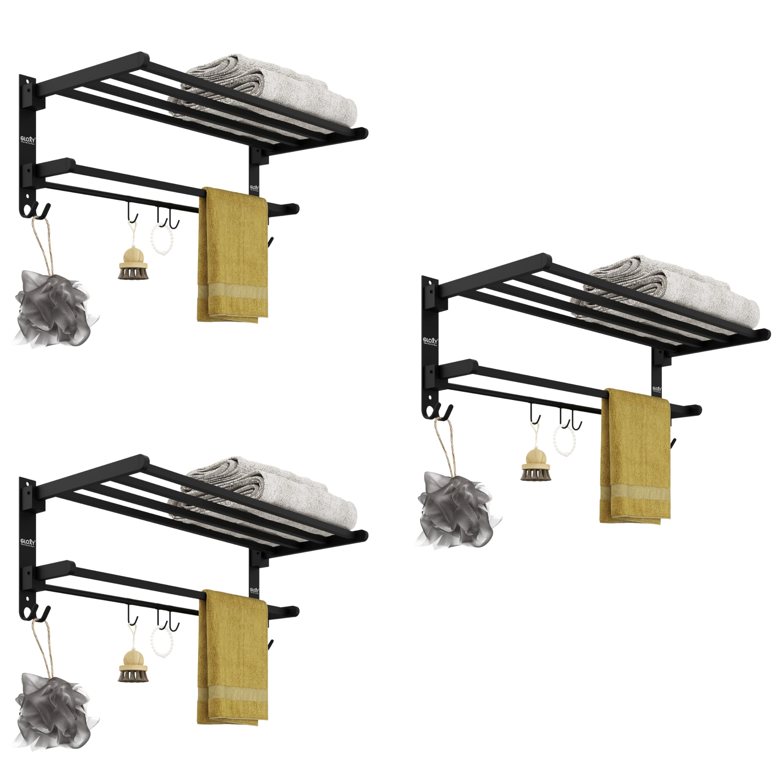 Gloxy Premium Towel Rack with Rod & Hooks Combo Pack of 3 - Black Matte Finish Stainless Steel Folding Wall Mounted Towel Rod for Bathroom - Space Saver Towel Holder in Bathroom Fittings Accessories