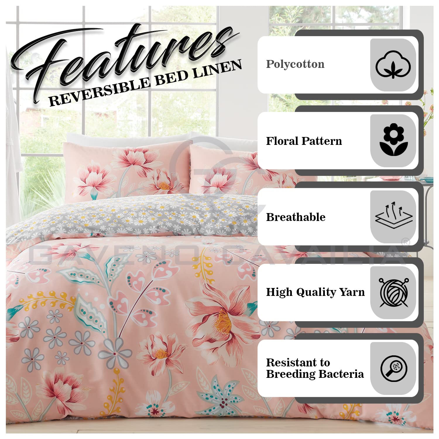 GC GAVENO CAVAILIA Reversible Floral Duvet Cover, Daisy Double Bedding Set - Image 4