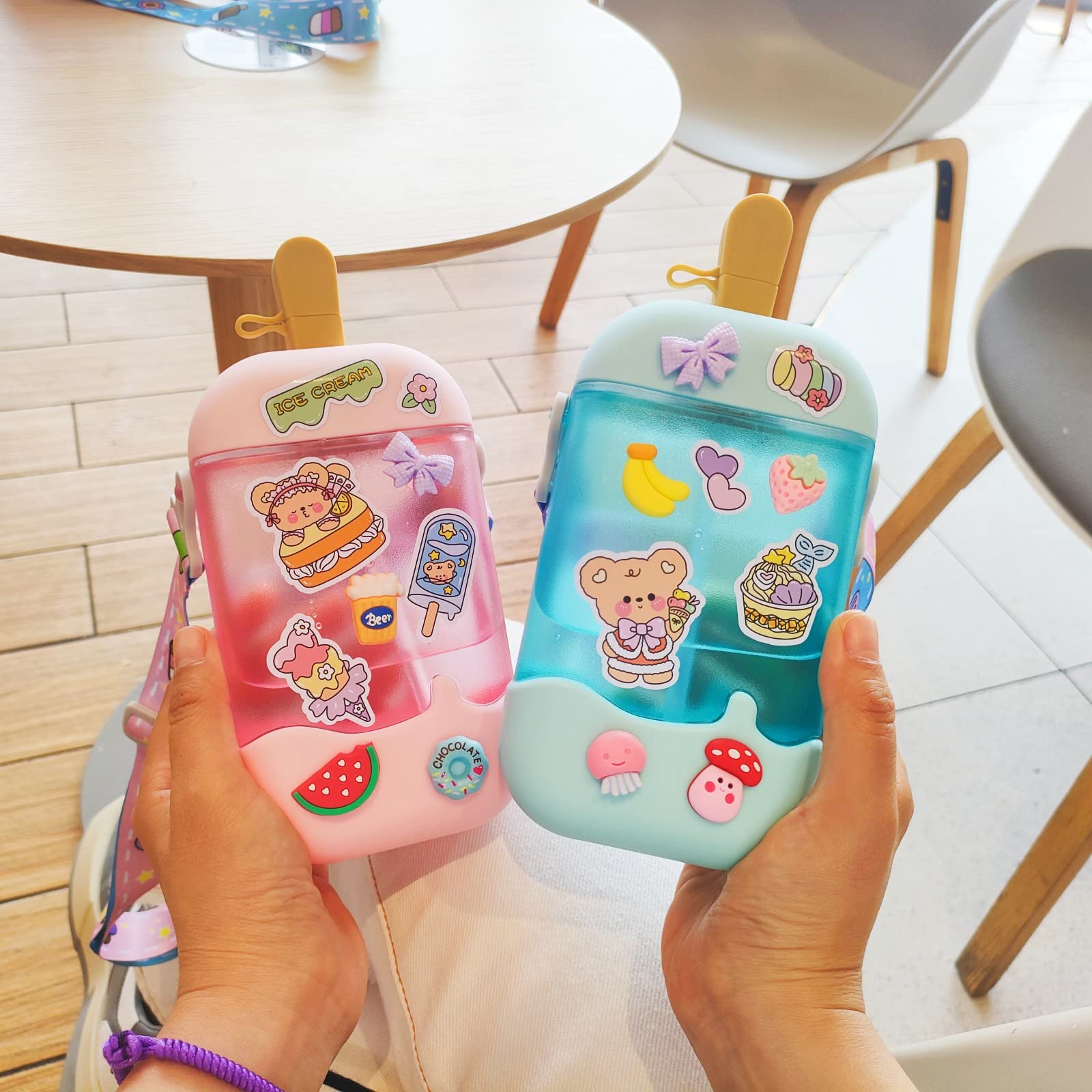 Botella De Agua Kawaii Oso Con Paja, Portátil De Dibujos Animados Botella De Agua Con Correa De Hombro Ajustable Escuela Al Aire Libre Viaje Picnic