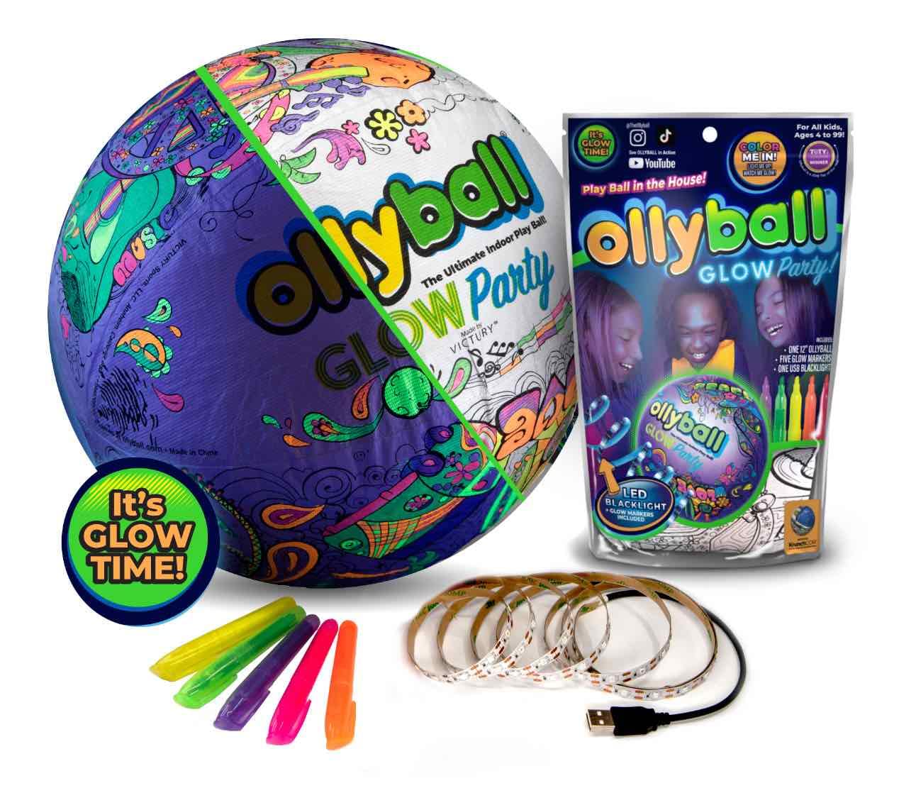 Ollyball Glow Party! Inflatable Ball with LED Blacklight Strip and Five Glow Markers, Great Indoor Toy for Kids