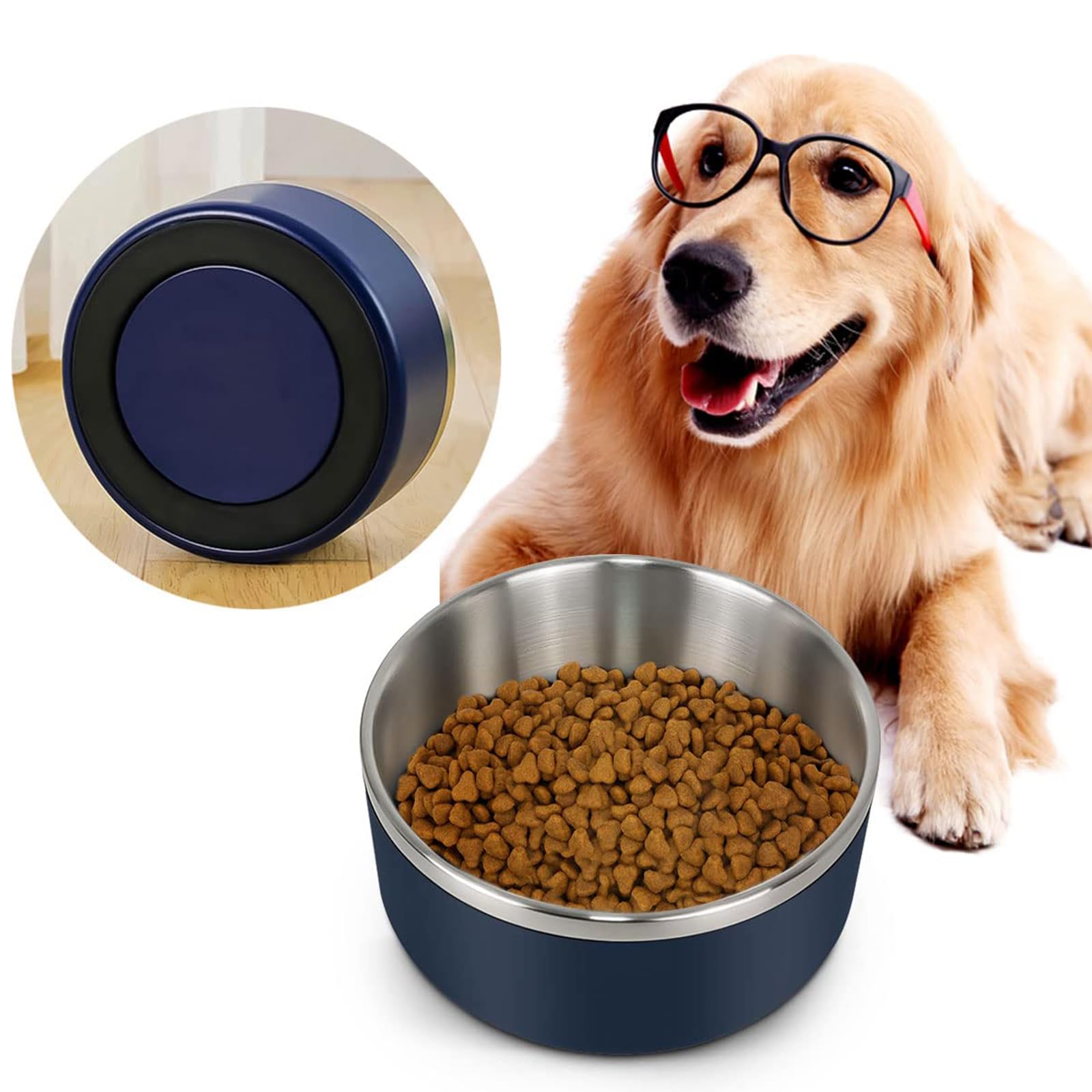 IKITCHEN Dog Bowl for Food and Water, 64 Oz Stainless Steel Pet Feeding Bowl, Durable Non-Skid Double Wall Insulated Heavy Duty with Rubber Bottom for Medium Large Sized Dogs (64 Ounces/8 Cup, Blue)