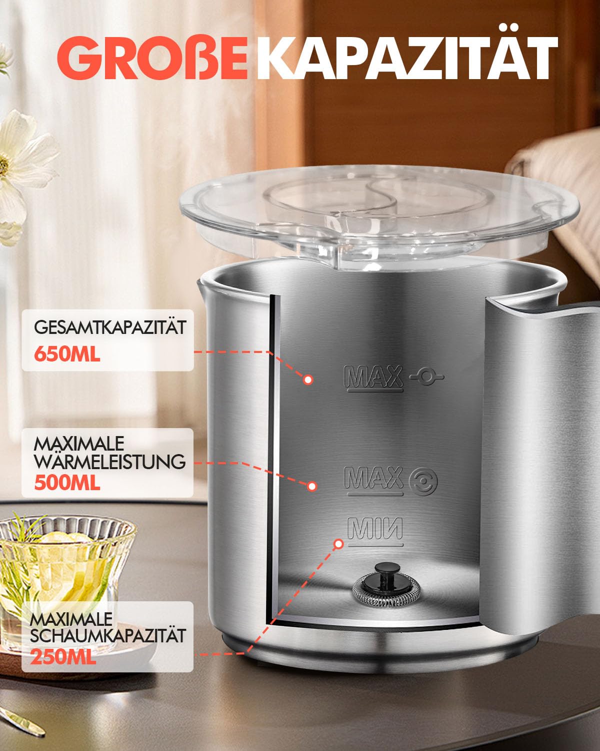 Automatischer Milchaufschäumer Elektrisch 4-in-1, 650ML Edelstahl Milchschäumer mit Auto-Abschaltung, Spülmaschinenfest, Leiser Milchwärmer für Heißen & Kalten Milchschaum, Ideal für Latte, Cappuccino