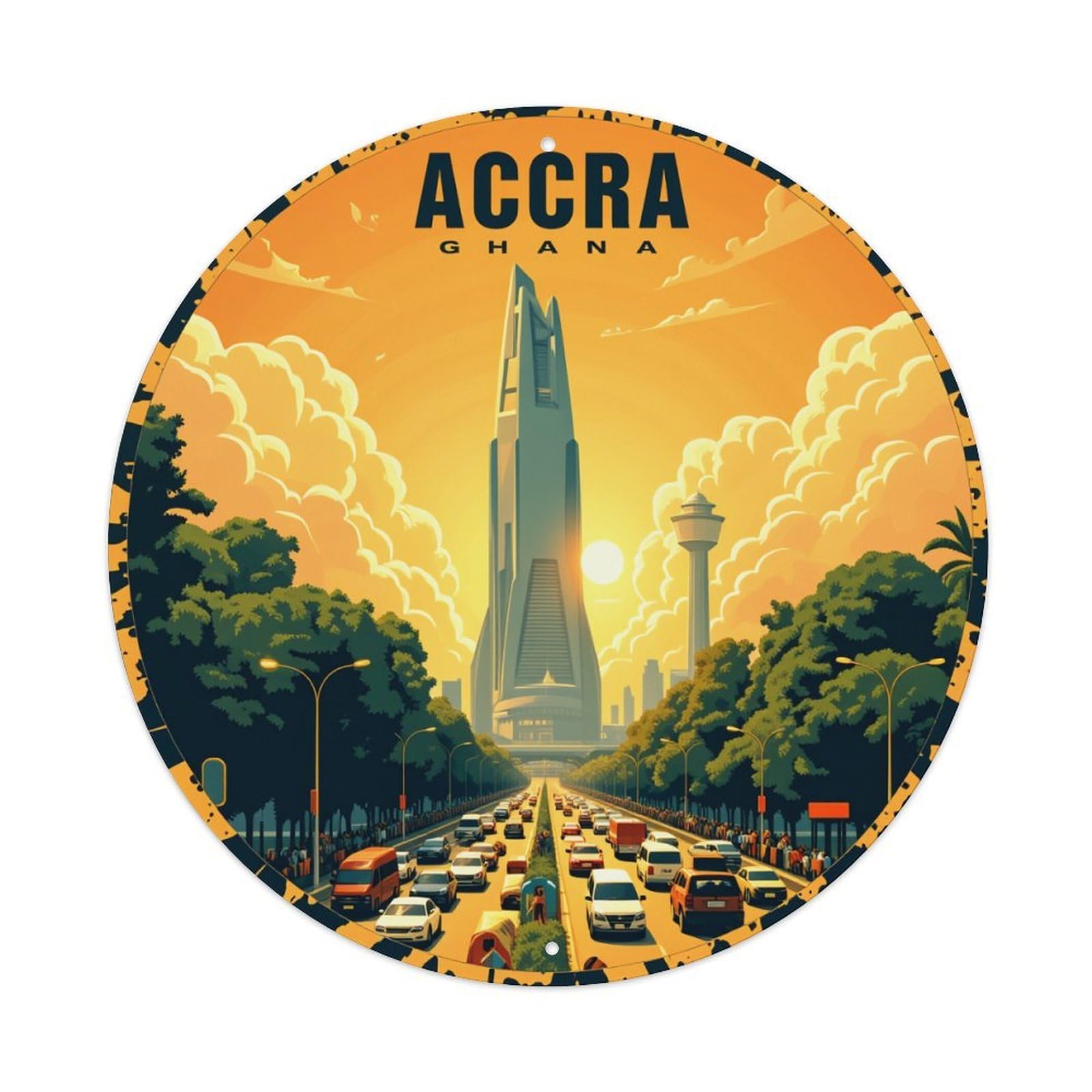 Accra Ghana Cityscape Skyline Sunset Metal Tin Sign Plaque
