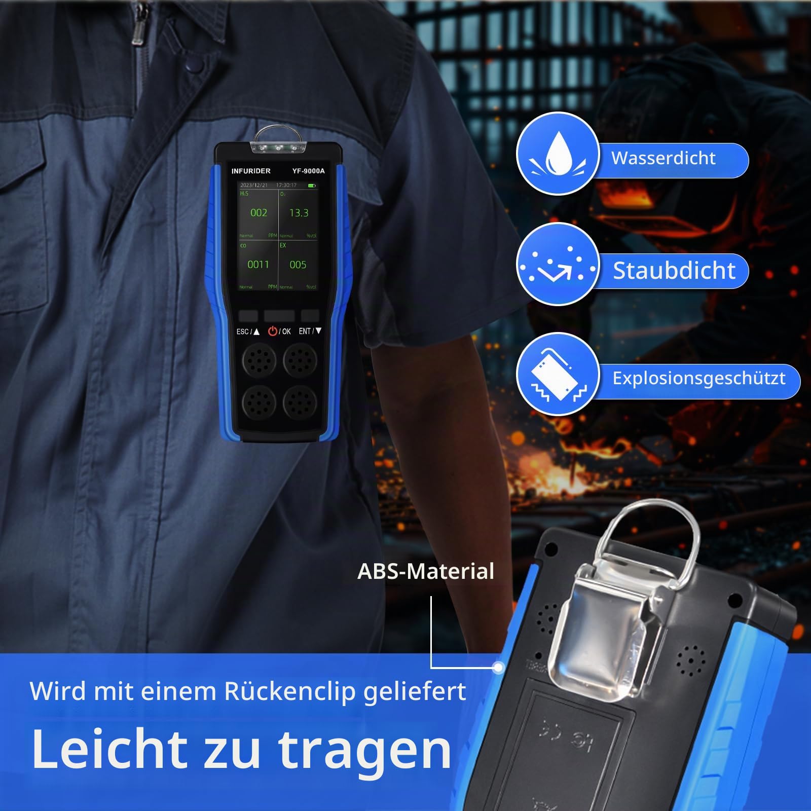 Gasmelder, H2S, CO, O2, LEL Messgerät, 4 in 1 Gas Monitor, Gas lecksuchspray mit LCD-Echtzeitanzeige, Gaslecksuchgerät Brennbarer Gase
