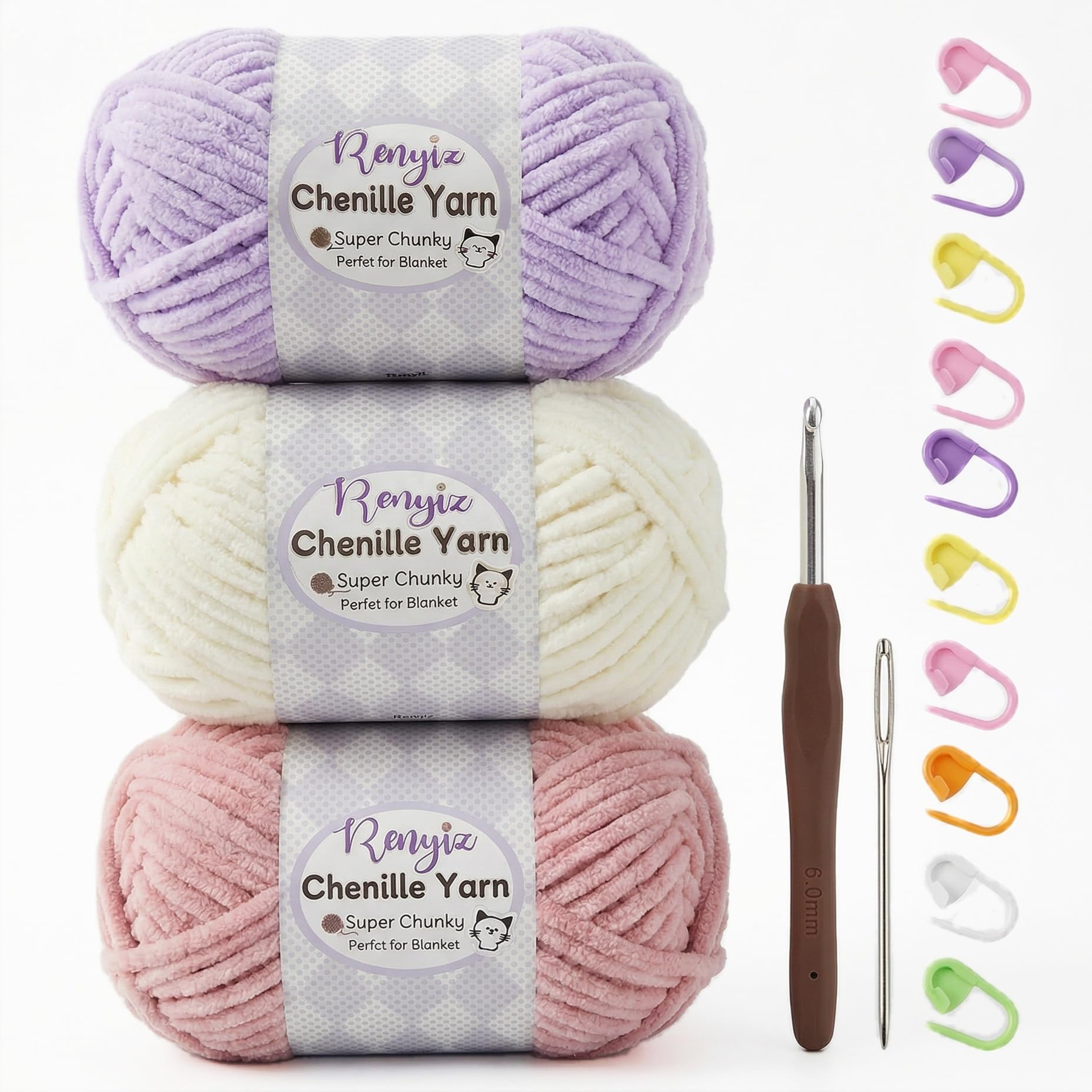 Renyiz Chunky Chenille Yarn Set - 3 Skeins (100g Each) Fluffy Thick Yarn for Crochet with 6mm Crochet Hook, Ideal for Baby Blankets & DIY Crafts (Pink-3)