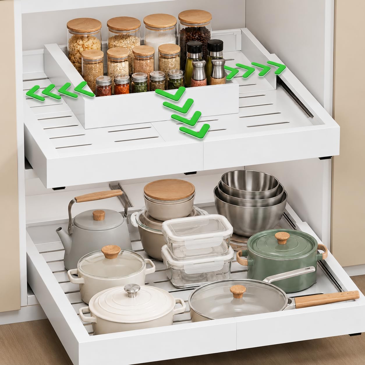 2 Stück 4 Richtungen Teleskopschublade Ausziehbare Küche Schublade, Auszug Nachrüsten Schubladeneinsatz, Küchen und Schrankorganizer mit Klebestreifen (2, Weiß, 12"-19" W x 17"-23" T)