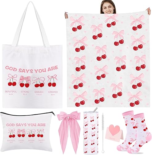Juego de regalo de lazo rosa, cesta de cumpleaños para adolescentes, niñas, regalos de coqueta rosa para mujeres, juego de regalo de lazo de cerezo,