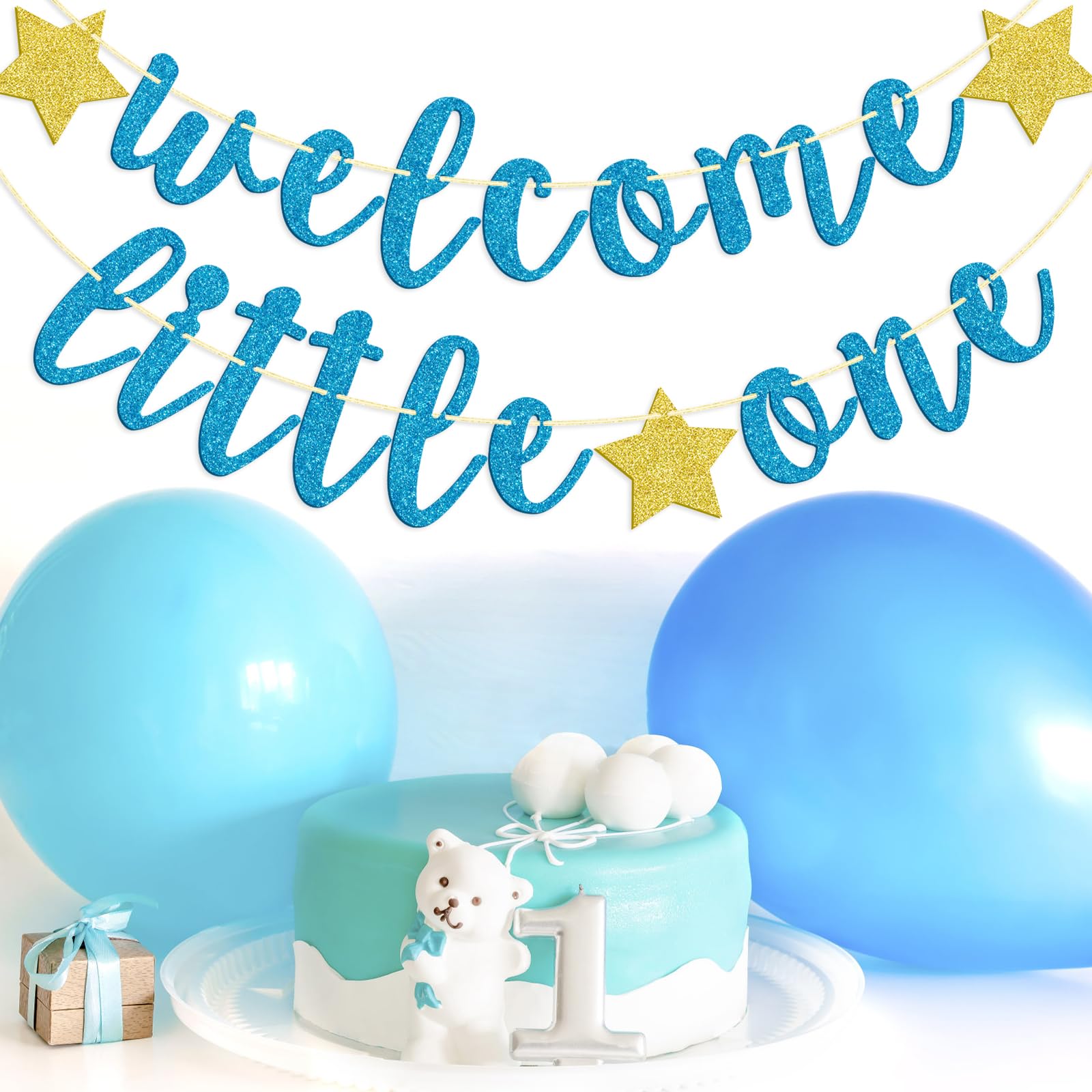 Welcome Little One Glitter Banner – Pre-strung Baby Shower Decor, Gender Reveal Party (Blue)