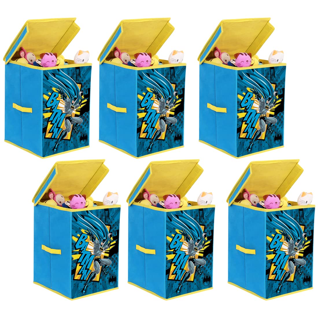 PrettyKrafts Batman Fabric Toys Organizer Storage Box with Top Lid, Big -Set of 6 Pieces (Blue)
