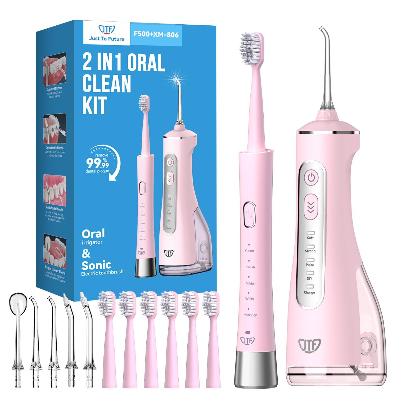 JTF Spazzolino elettrico e idropulsore 2 in 1, set per la cura dei denti – Spazzolino sonico 5 modalità e idropulsore 3+ modalità fai da te, 5 ugelli + 6 testine per spazzola, apparecchi dentali e