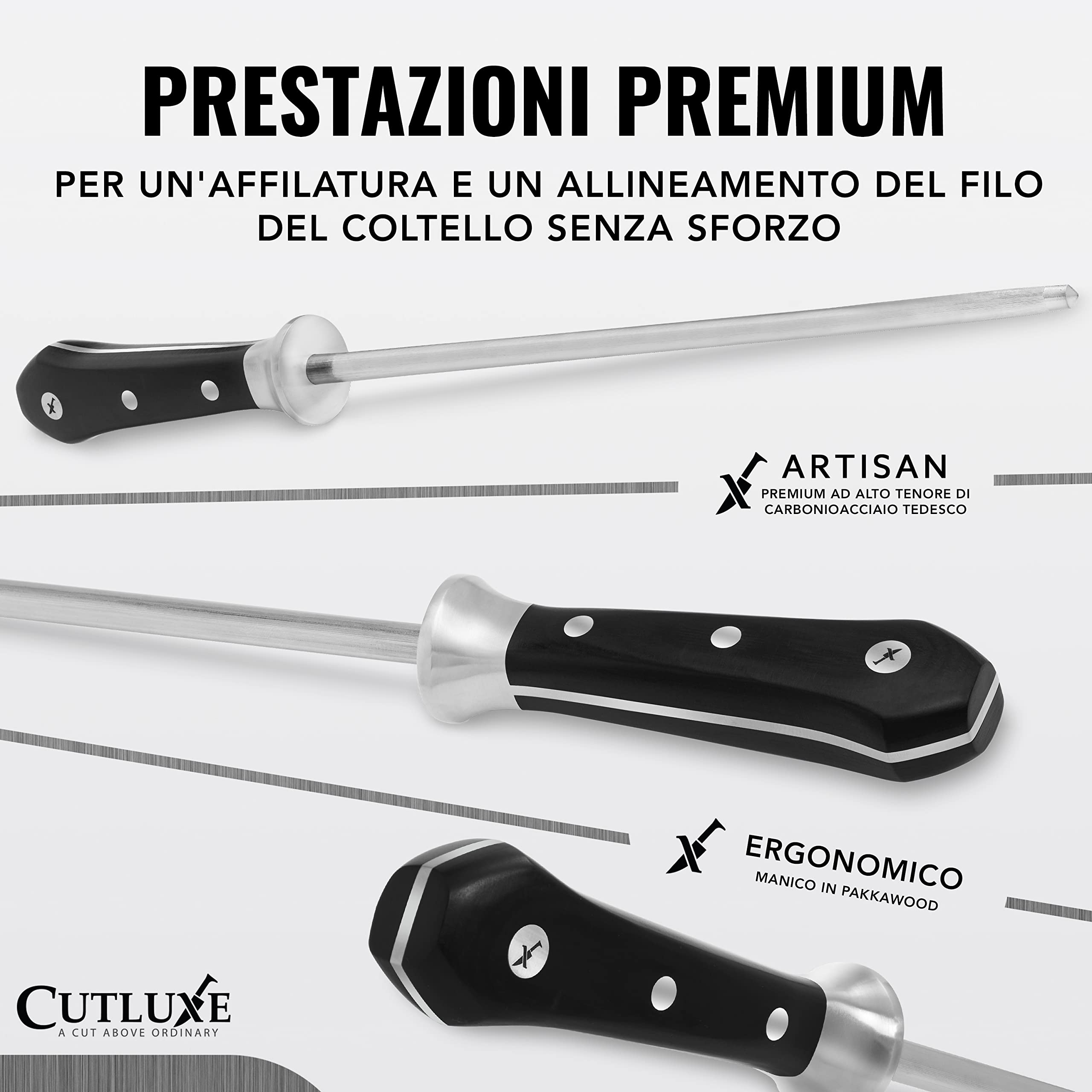 Cutluxe Acciaino Affilacoltelli, 25cm, Acciaino Coltelli, Acciaio al Carbonio, Manico Ergonomico, Artisan Series