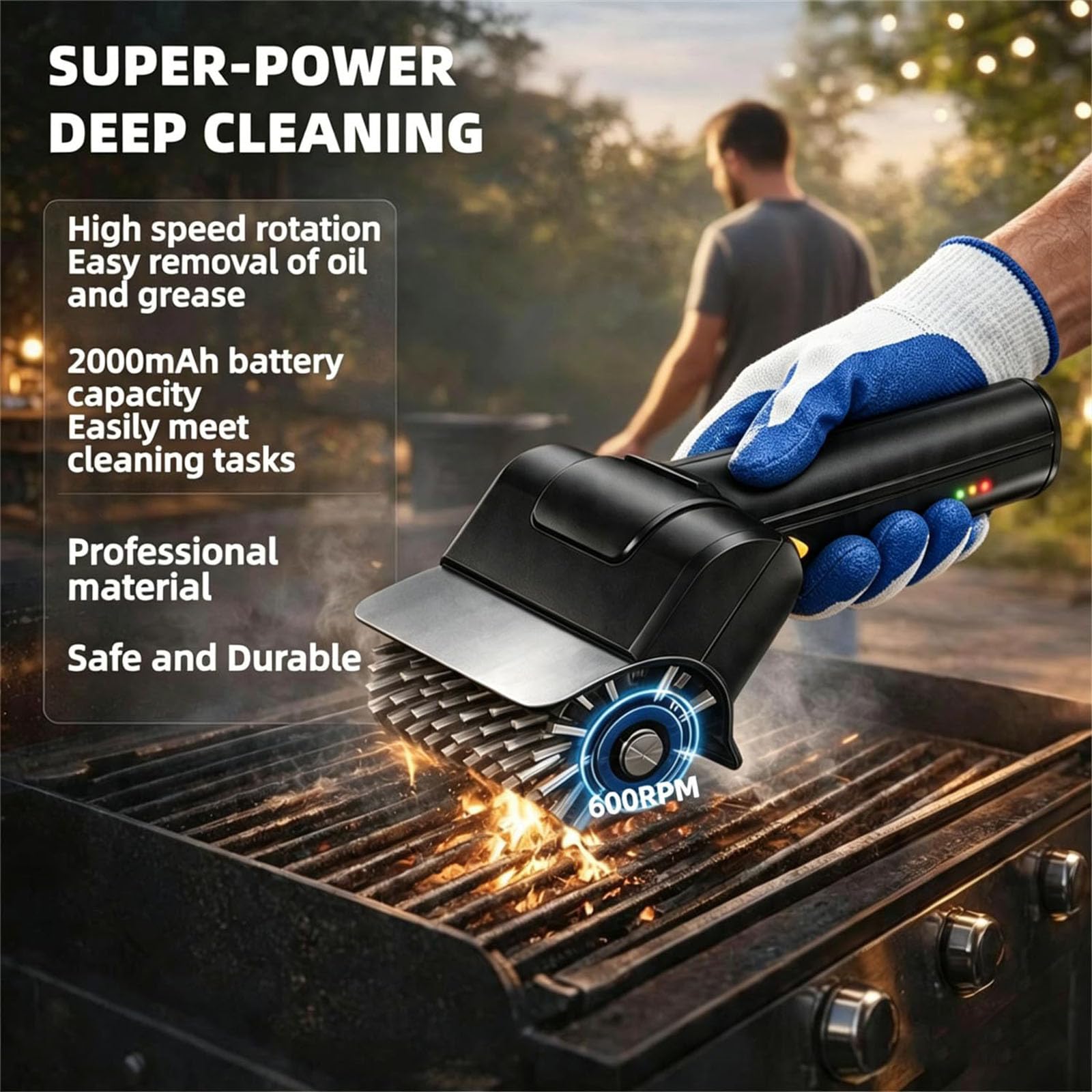 Brosse de Grill Électrique, Nettoyeur de Grill Rechargeable sans Fil 2000Mah avec 2 Brosses Remplaçables Et Gants, 1500 TR/Min, Autonomie de 100 Minutes pour Fumoir, Plaques Et Grilles