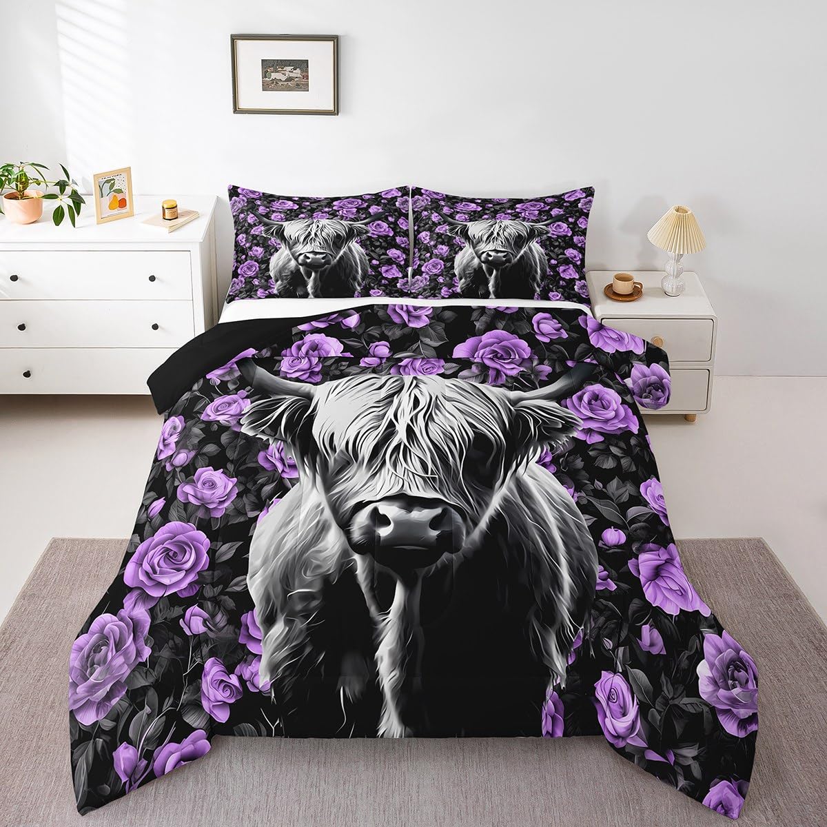 Erosebridal Highland Cow Toddler Bedding Set,Purple Black Rose Flower Comforter Sets for Girls,Western Longhorn Bull Quilt Bed Set,Rustic Country