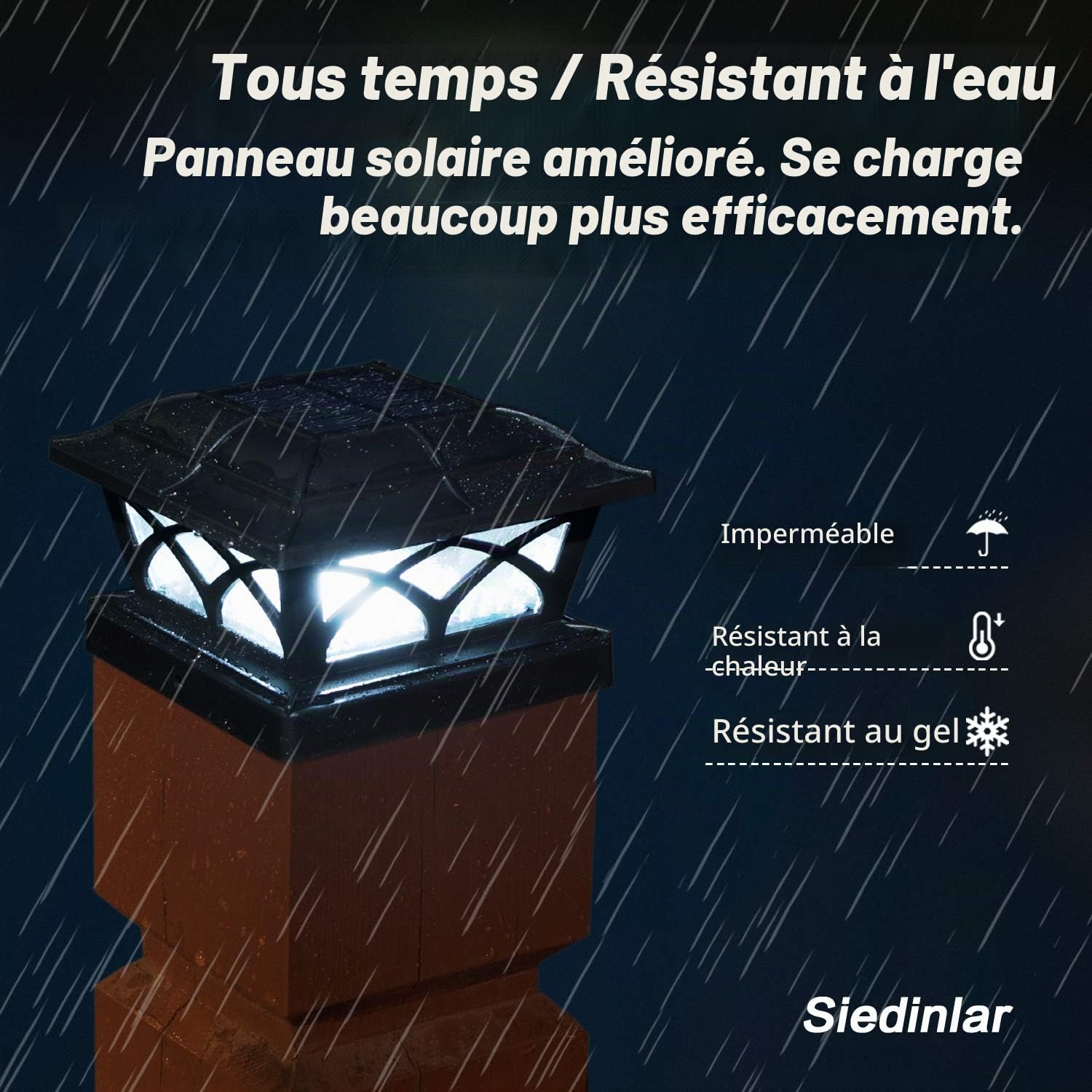 Siedinlar Lot de 4 lampes solaires pour poteau de clôture en verre extérieur avec 2 modes de couleur 8 LED pour poteaux 4x4 5x5 6x6 pour terrasse, clôture, patio, décoration, éclairage blanc chaud et