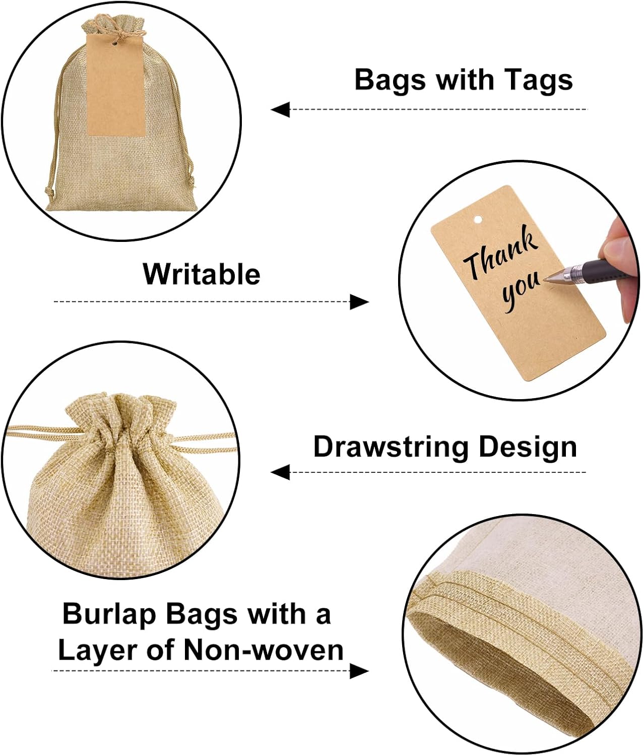 G2PLUS 24 Pcs Burlap Gift Bags with Drawstring 5x7 Inch, Rustic Gift Favor Bags with Kraft Tags & Jute String for Wedding Favors, DIY Crafts, Birthday & Coffee Packaging - Image 3