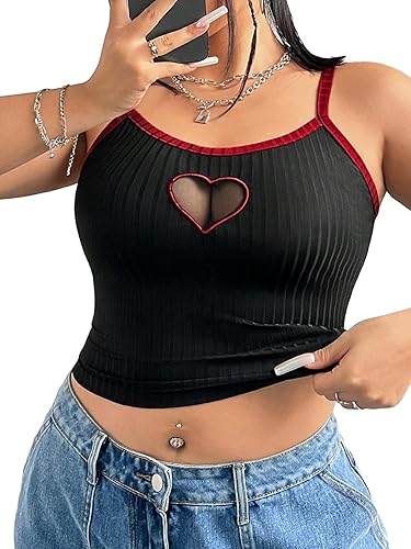 SOLY HUX Women's Plus Size Cami Crop Tops Contrast Mesh Spaghetti Strap Summer Top - Large Plus - Black Heart