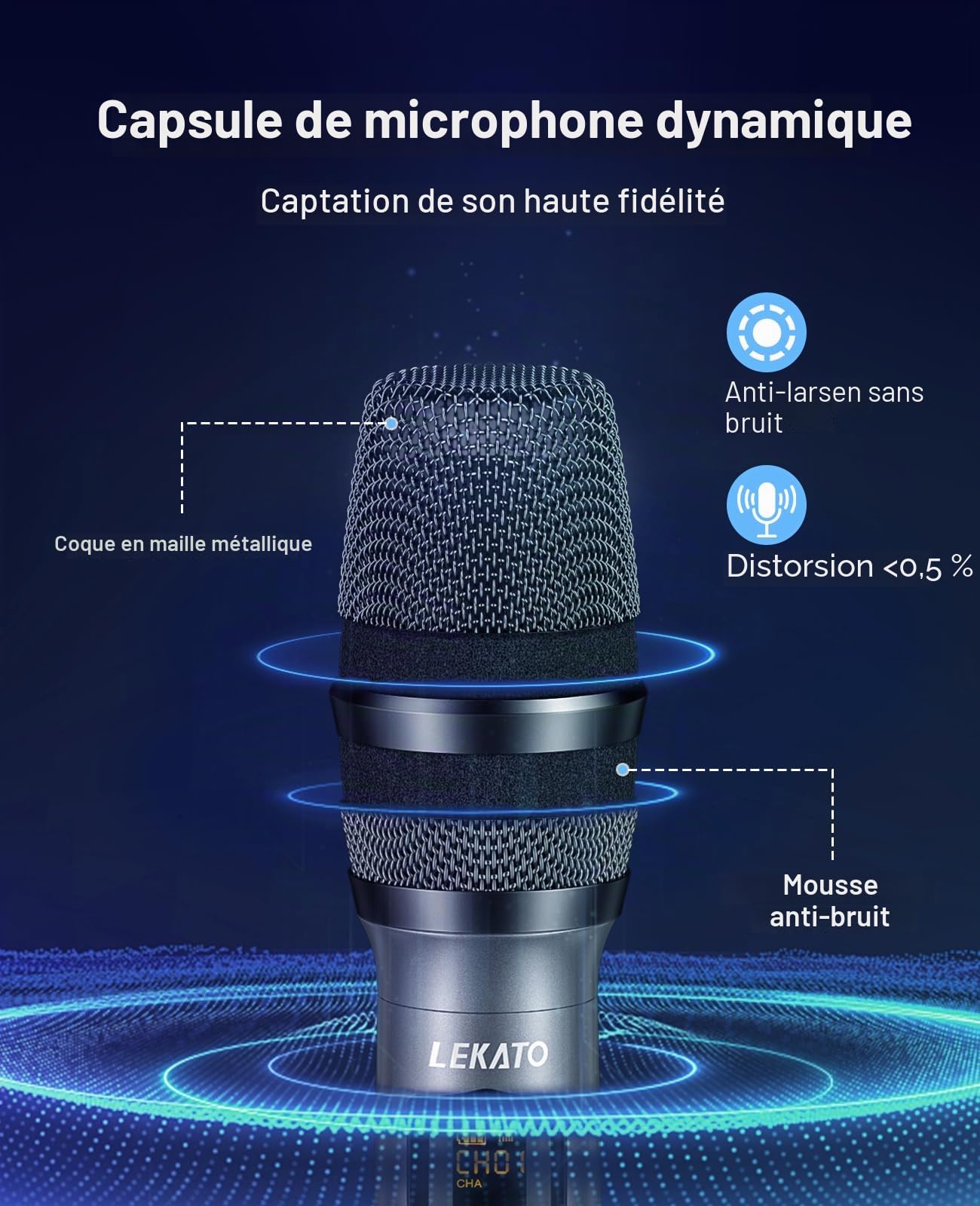 LEKATO Microphones sans Fil 2,4 GHz Doubles Rechargeables 30 Heures Autonomie Ensemble Métal Karaoké Chant Argent